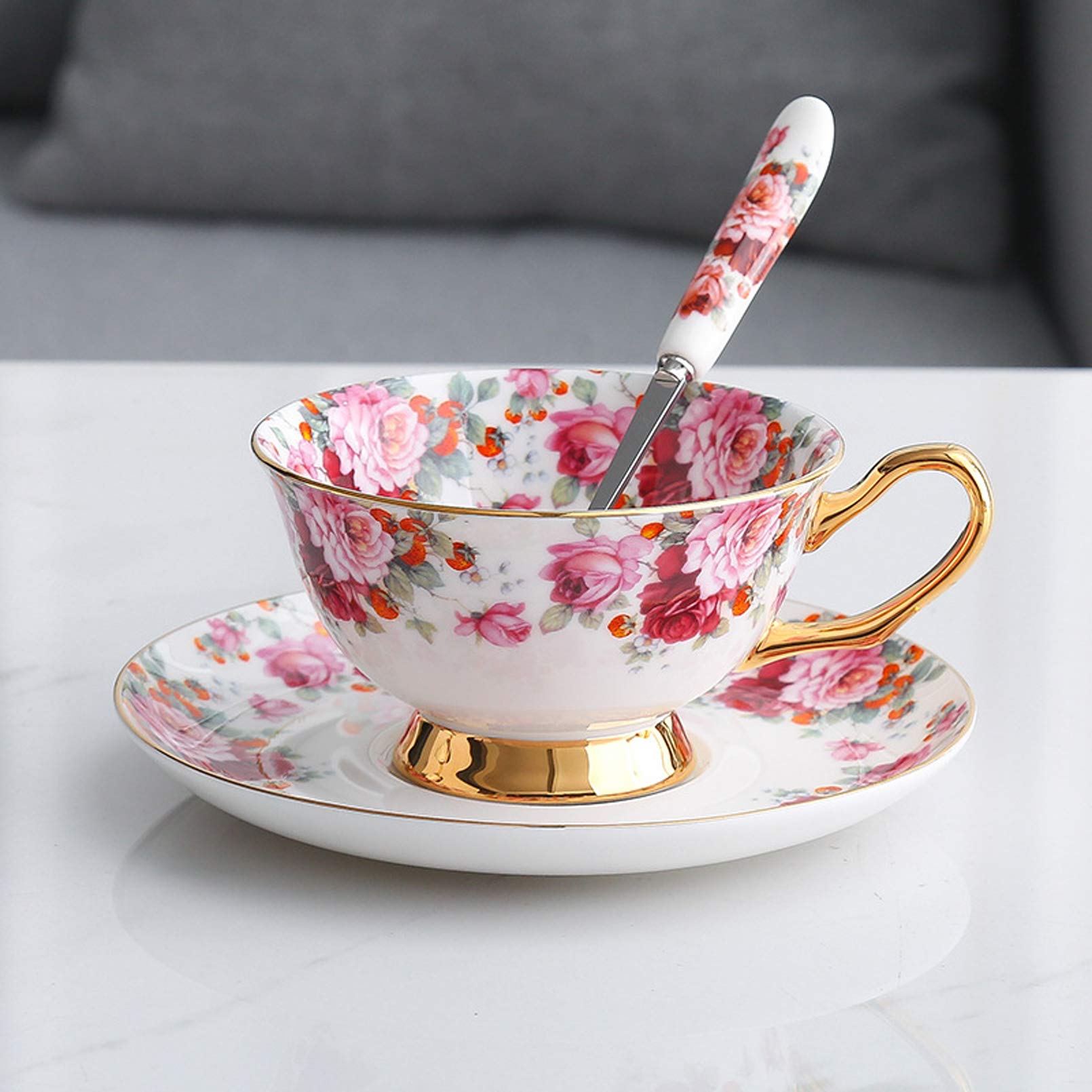 TEACUPS PORCELANIA, 200Ml, Servicio De Té Inglés, Servicio De Café con Flores, Conjunto De Café De Porcelana, Taza De Café Floral con Platillo Y Cuchara De Porcelana De Porcelana De Hueso Premium.,A