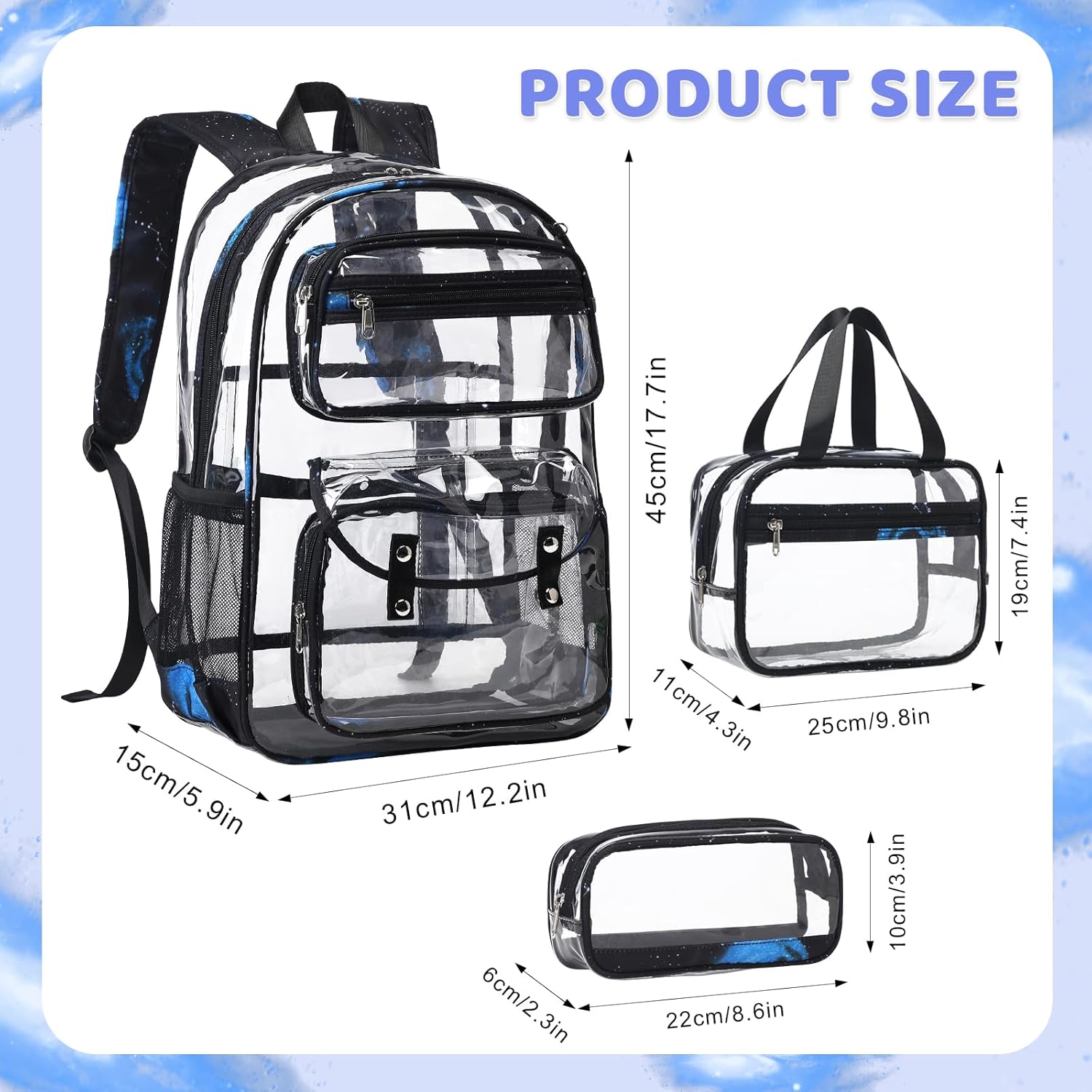 Clear Backpack for Boys - 3 Pcs Clear Backpack Heavy Duty with Lunch Bag - See Through Bookbag Stadium Approved for Kids Middle High College School Sport Travel (Galaxy) - Image 2