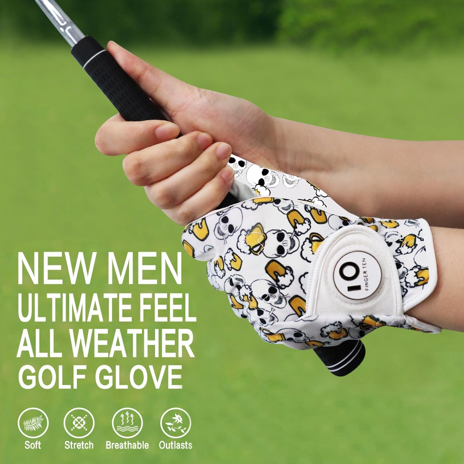 FINGER TEN Golf Gloves Men Left Hand Right Leather With Ball Marker Printed Grip 2 Pack - Image 3