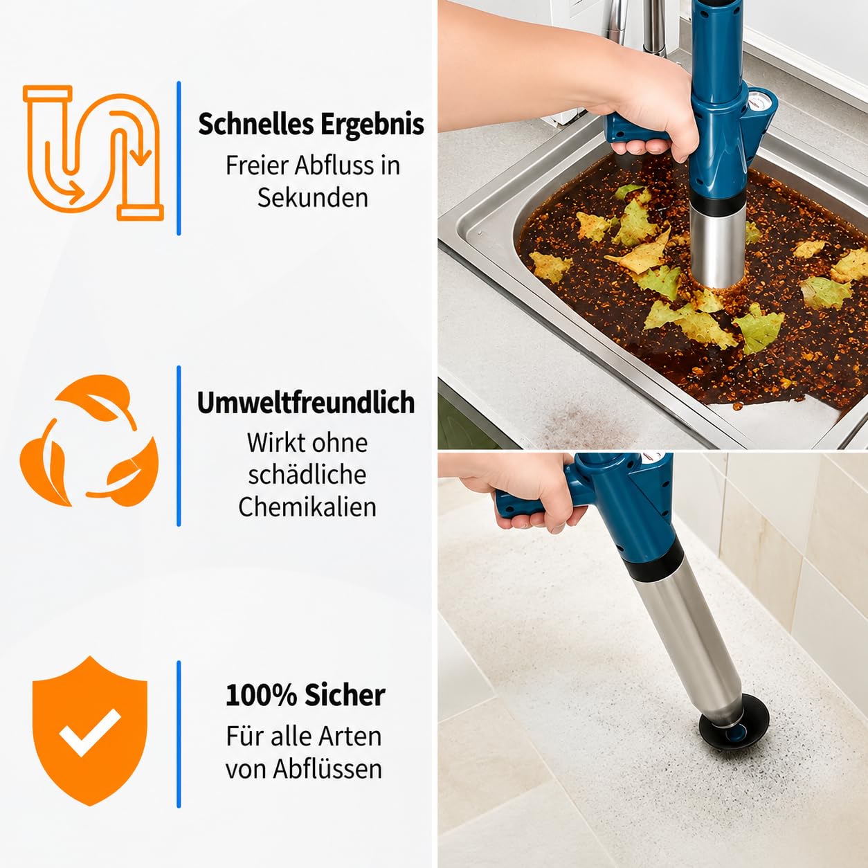 Professioneller Luftdruck Pumpe Entstopfen - 4 Entstopfungsköpfe - WC Waschbecken Abfluss Kanalisation - Edelstahl - 0-8 Bar