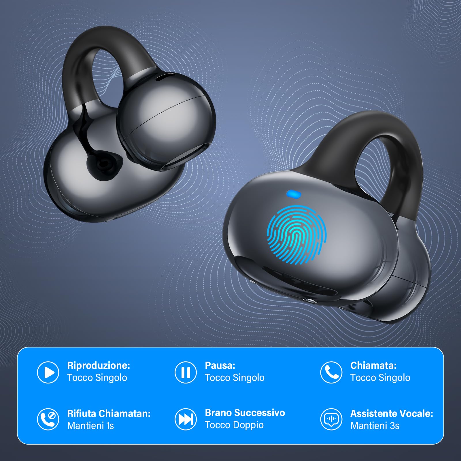 Cuffie sportive a conduzione ossea,design innovativo con clip auricolare per corsa e fitnes,durata della batteria di 180 ore,vestibilità sicura, resistenti all'acqua e alla polvere(Nero)
