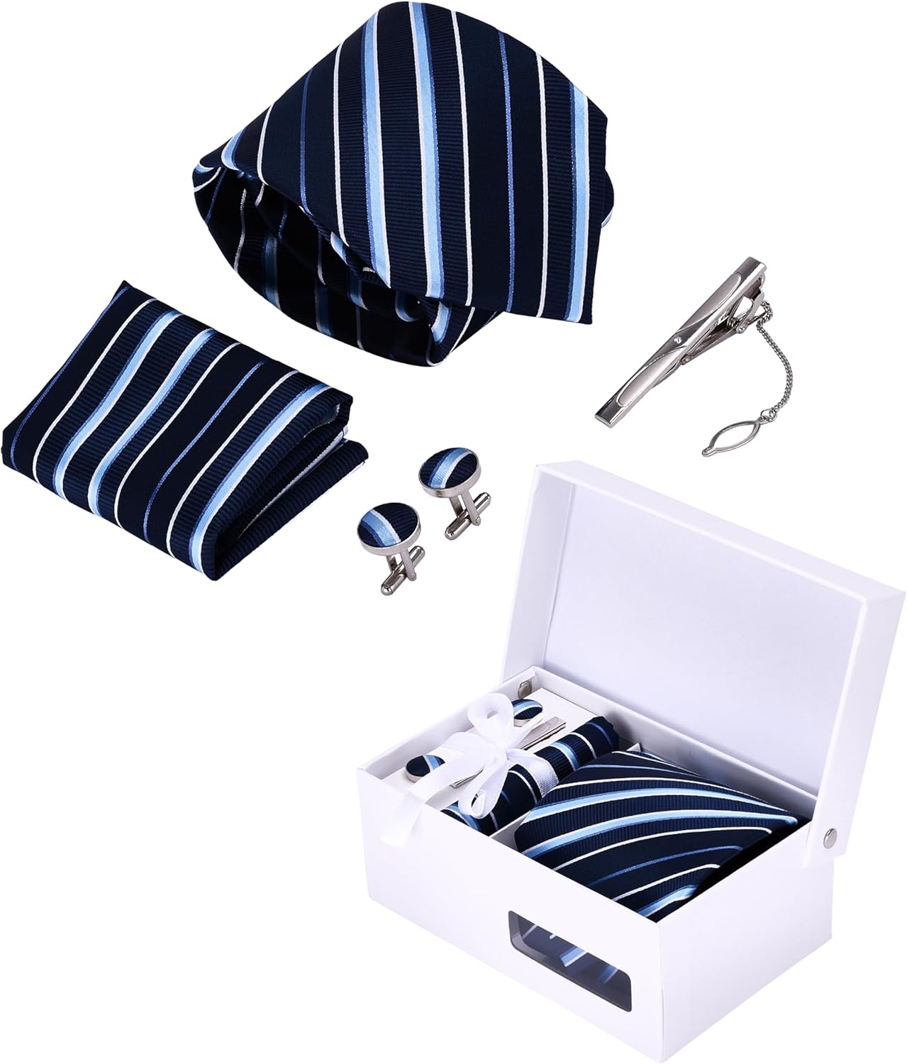 Tie Clip and Cufflink Sets for Men - Includes Men's Tie, Gentleman's Scarf, Cufflinks, Tie Pin - Tuxedo Studs and Cufflinks Set - Gifts to Father of Bride - Keepsake Wedding Gifts (Blue)