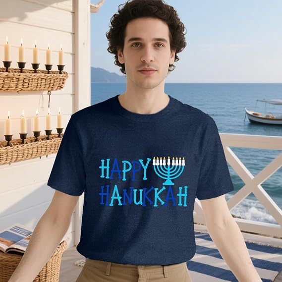 Hanukkah Shirts Men Hanukkah Menorah T-Shirt Jewish Chanukah Tee Tops