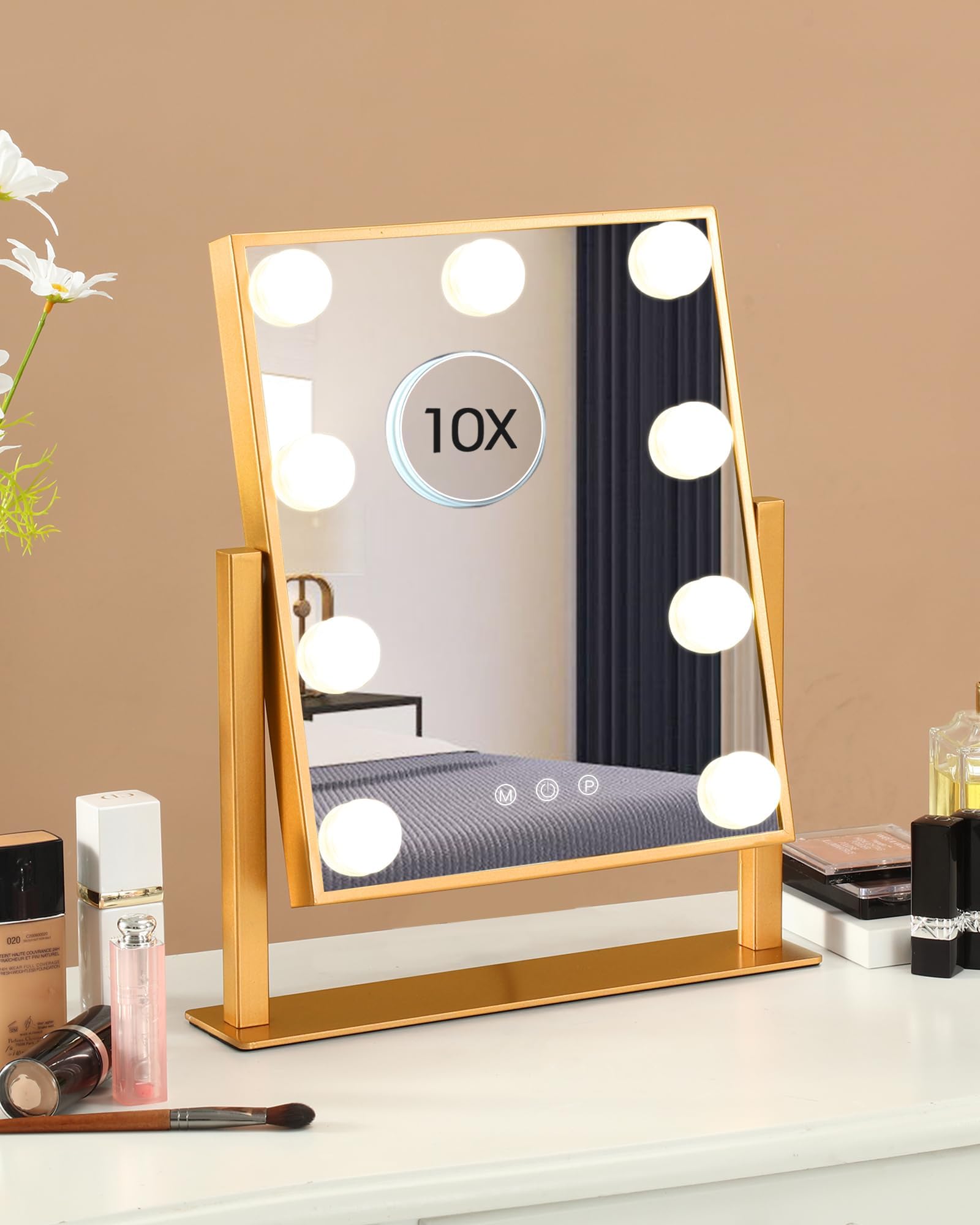 BWLLNI Vanity Mirror with Lights, Hollywood Mirror Lighted Makeup Mirror with 9 LED Bulbs, Touch Control Design 3 Colors Dimmable Bulbs Detachable 10X Magnification 360°Rotation(Gold)