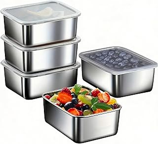 5PCS Large Stainless Steel Food Storage Containers with Clear Lids for Refrigerator Organization, Stackable Kitchen Containers for Meal Prep