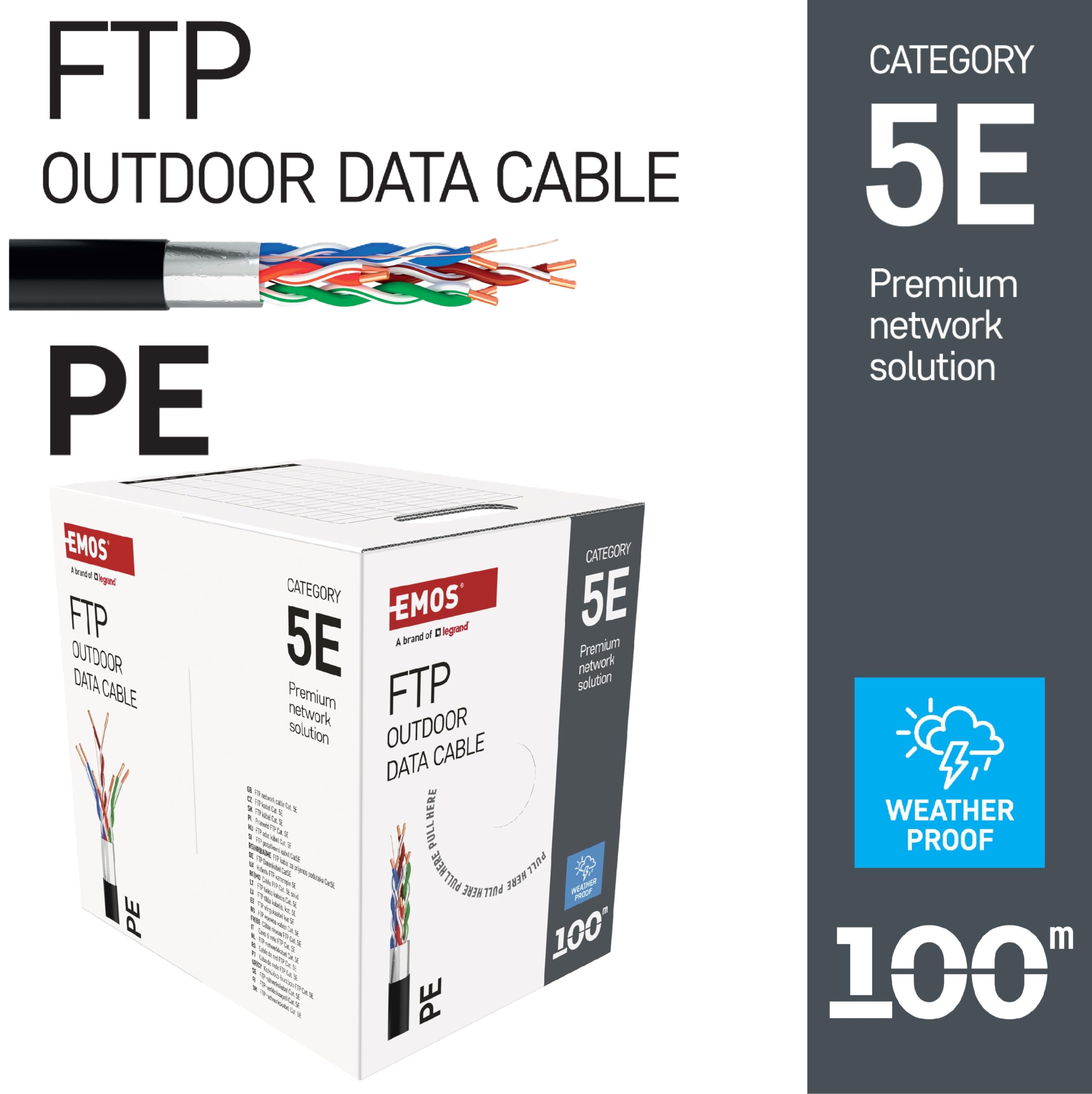 EMOS - Câble réseau FTP CAT 5e, 100 m, PE - Câble patch CAT5e FTP - Câble Gigabit LAN - Câble Ethernet blindé - Pour l'extérieur