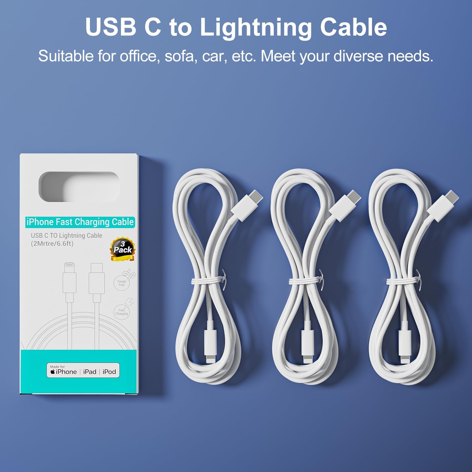 ilikable iPhone Cavo USBC 3 Pezzi 1M Ricarica Rapida Certificato MFi Lightning Cavo iPhone USB C per iPhone14/13/12Pro Max/Mini/11/SE/XR/XS/X/8/8Plus/7/6s