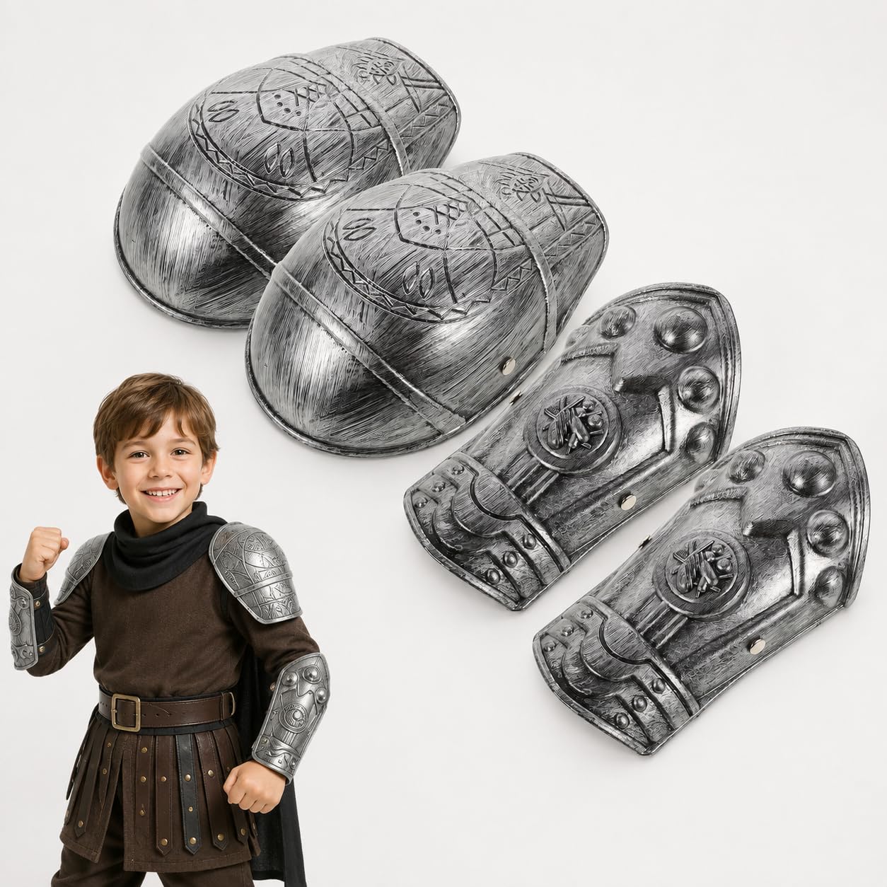 TOPPERFUN 4PCS Medieval Knight Armor Costume Shoulder & Arm Guard Set, Antique Silver Plastic Arm Plate Cosplay Accessories for Kids Adults Halloween LARP Roman Viking Dress Up Prop Set for Cosplay