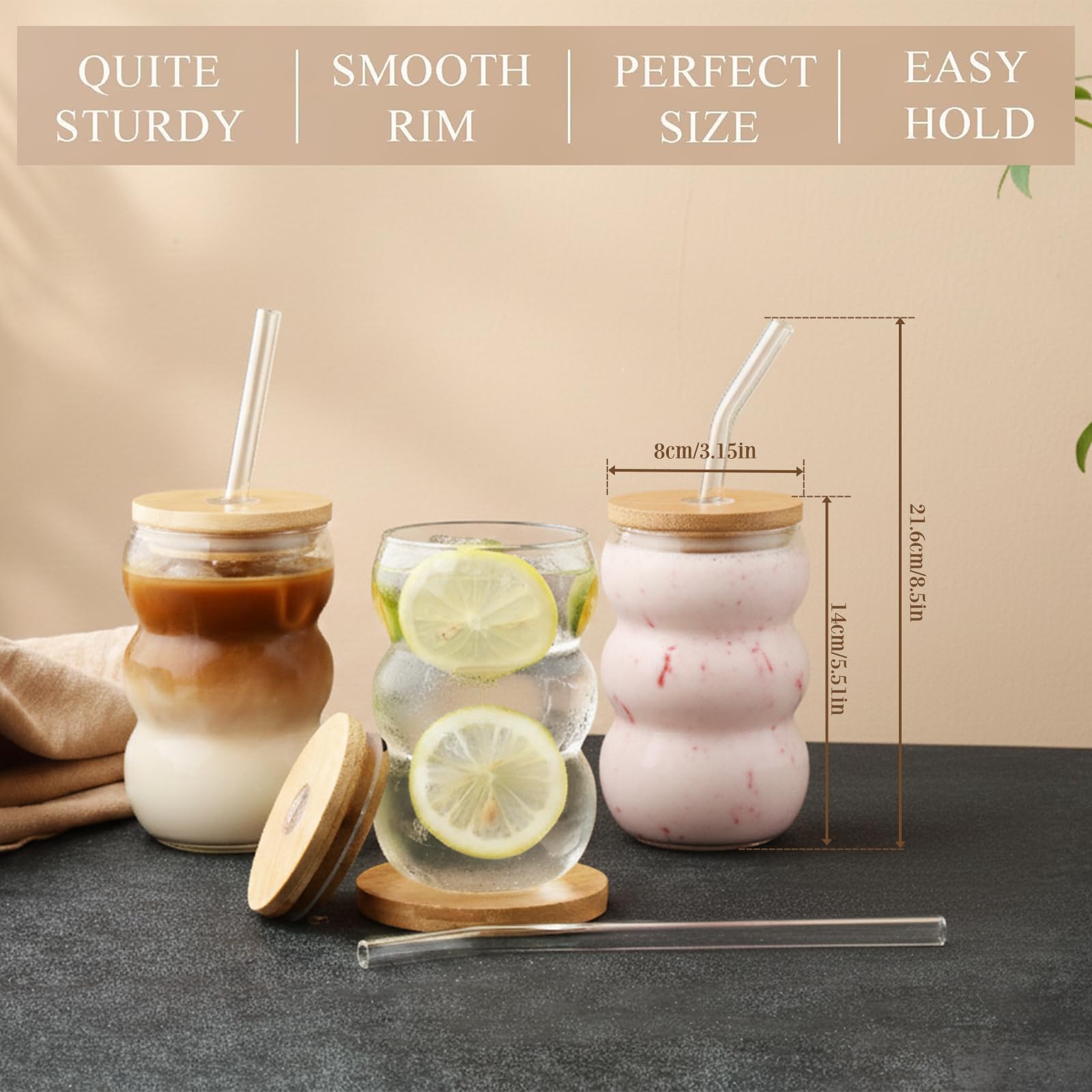VITEVER Latte Macchiato Set di 4 bicchieri da caffè con coperchio, lavabili in lavastoviglie, bicchieri da 550 ml, bicchieri da long drink, bicchieri da cocktail, spazzola e cannuccia