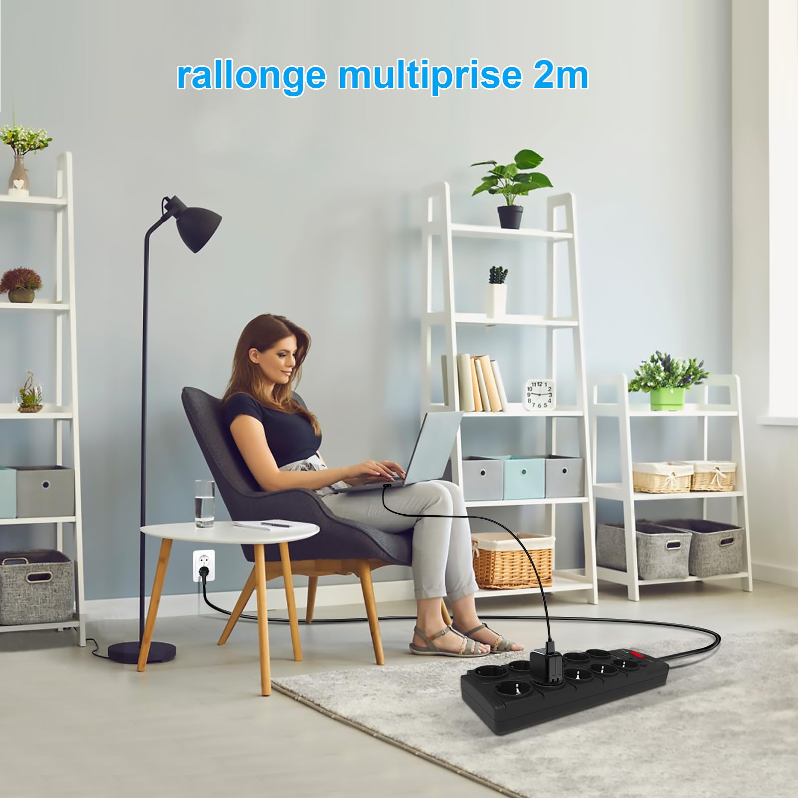 IECOPOWER multiprise 10 Prises,USB multiprise(PD 20W 2 USB-C Ports et 2 USB-A Ports), multiprise avec Interrupteur,4000W/16A,1050 J, multiprise parafoudre et câble d'extension de 2 m, Noir