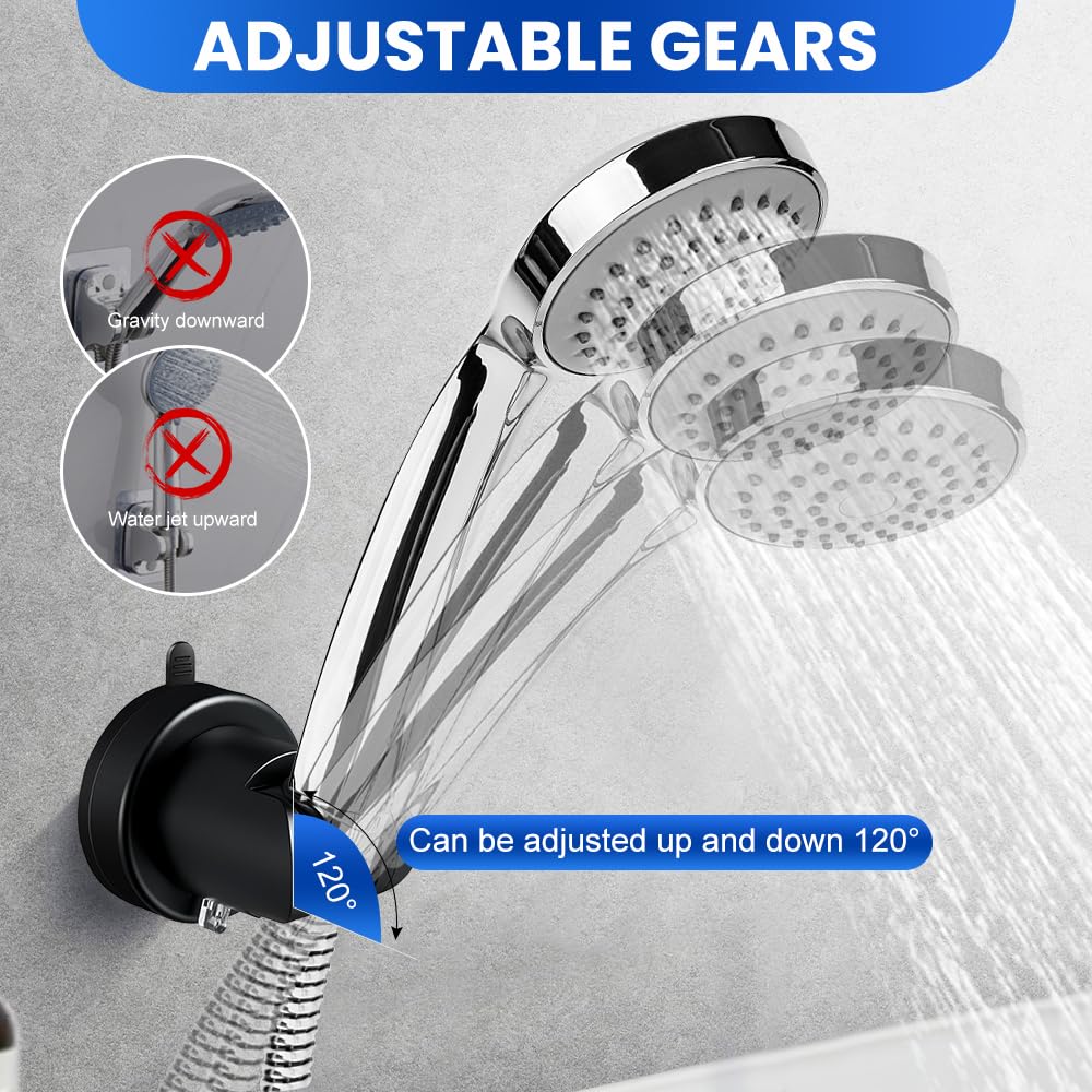 Soporte Alcachofa Ducha Ventosa,Sujeta Alcachofa Ducha Pared Sin Taladro,Soporte Cabezal Duchas de Baño Universal,Shower Head Holder para Fijar y Ajustar Los Cabezales de Duchas - Negro - 4