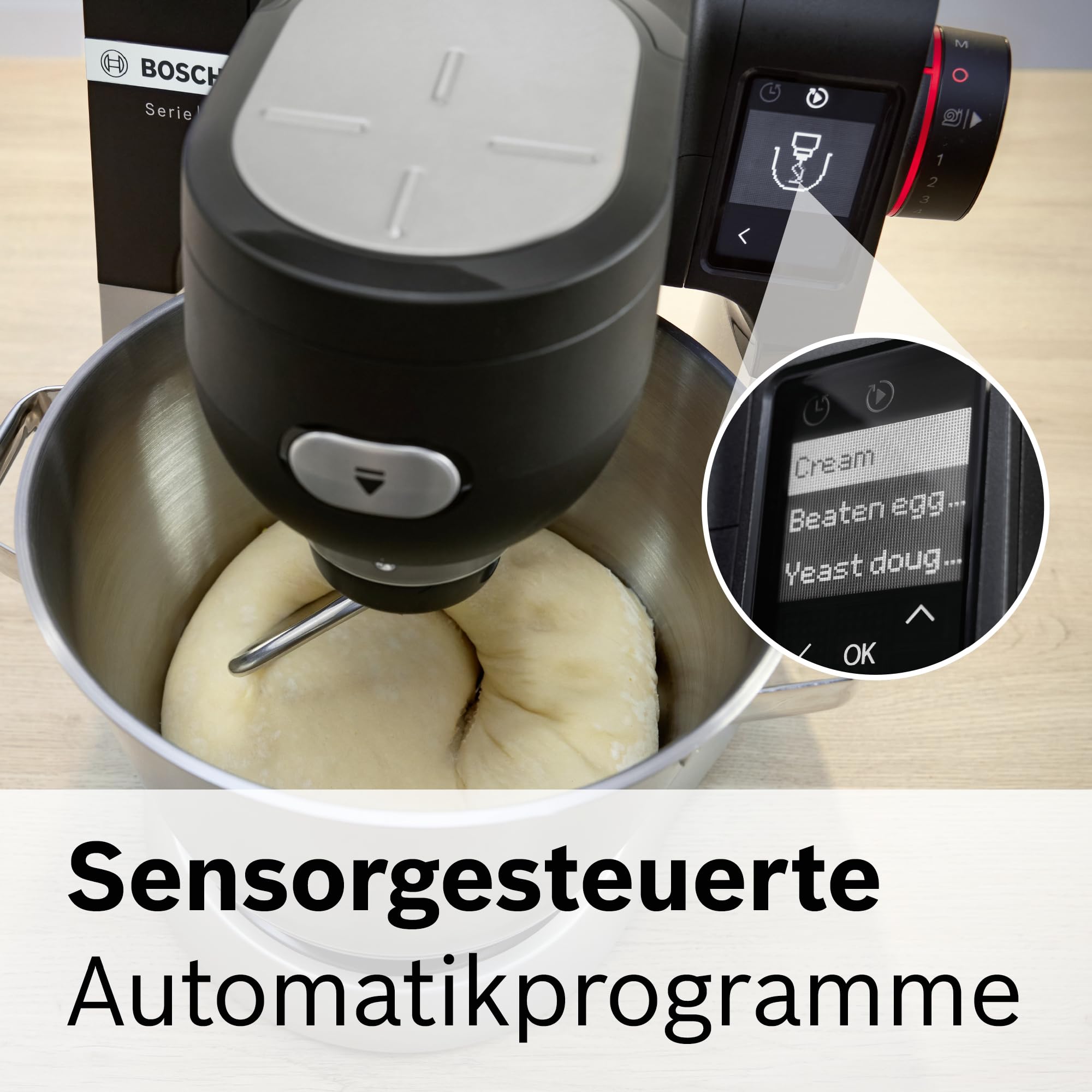 Bosch Küchenmaschine Serie 6, 7 Automatikprogramme, integr. Waage, 5,5l Schüssel, Durchlaufschnitzler, Scheiben, Knethaken/Rührbesen/Silikonbesen, spülmaschinenfest, 1600 W, silber/schwarz, MUMS6ZS13D