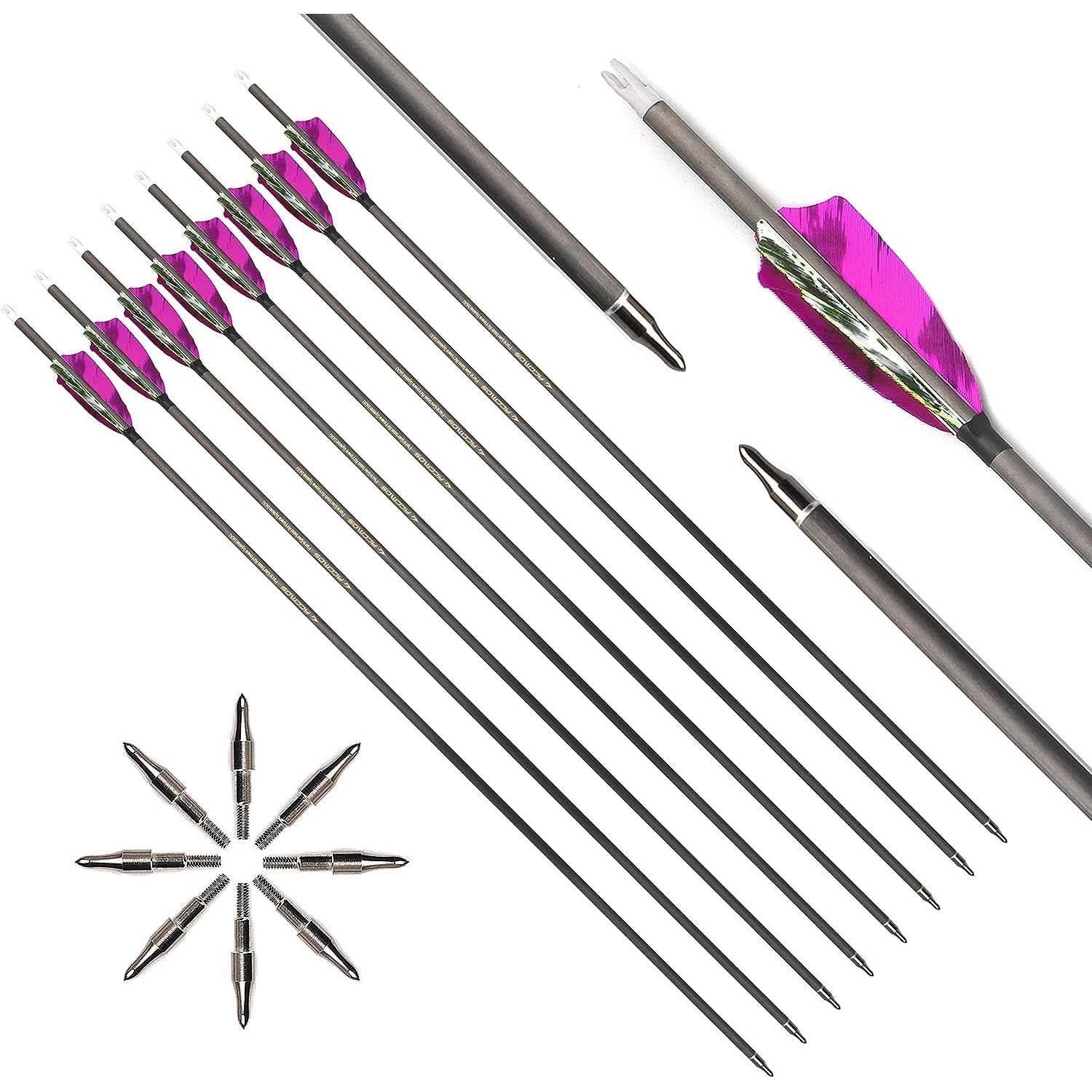 6pc 24-Inch 700-Spine Arrow Removable Tips Targeting Hunting Arrow 3" Turkey Feather Feathered Carbon Arrows for Traditional Bow Long-Bow Recurve Bow Compound Bow Adult Youth Archery Camo Purple A4