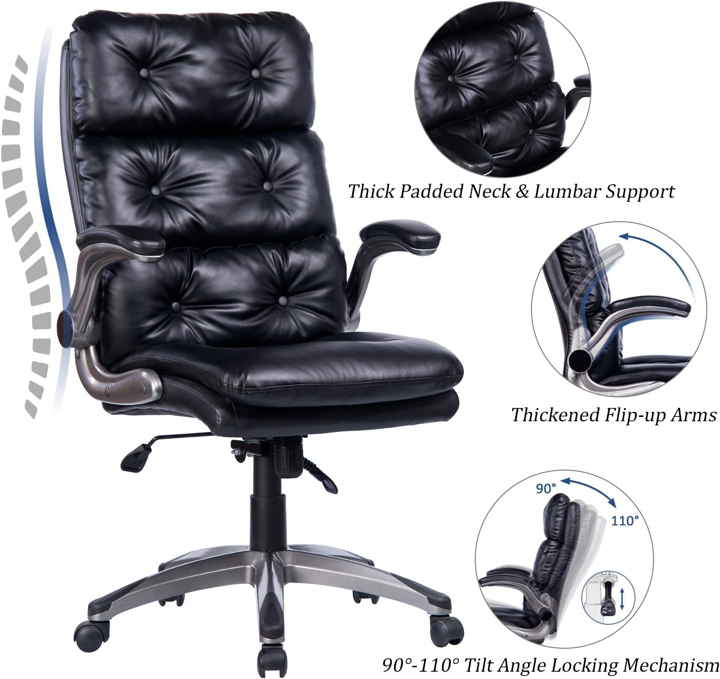 VANBOW High Back Bonded Leather Office Chair - Adjustable Tilt Angle and Flip-up Arms Ergonomic Computer Desk Executive Chair, Thick Padding for Comfort and Ergonomic Design for Lumbar Support (Black)