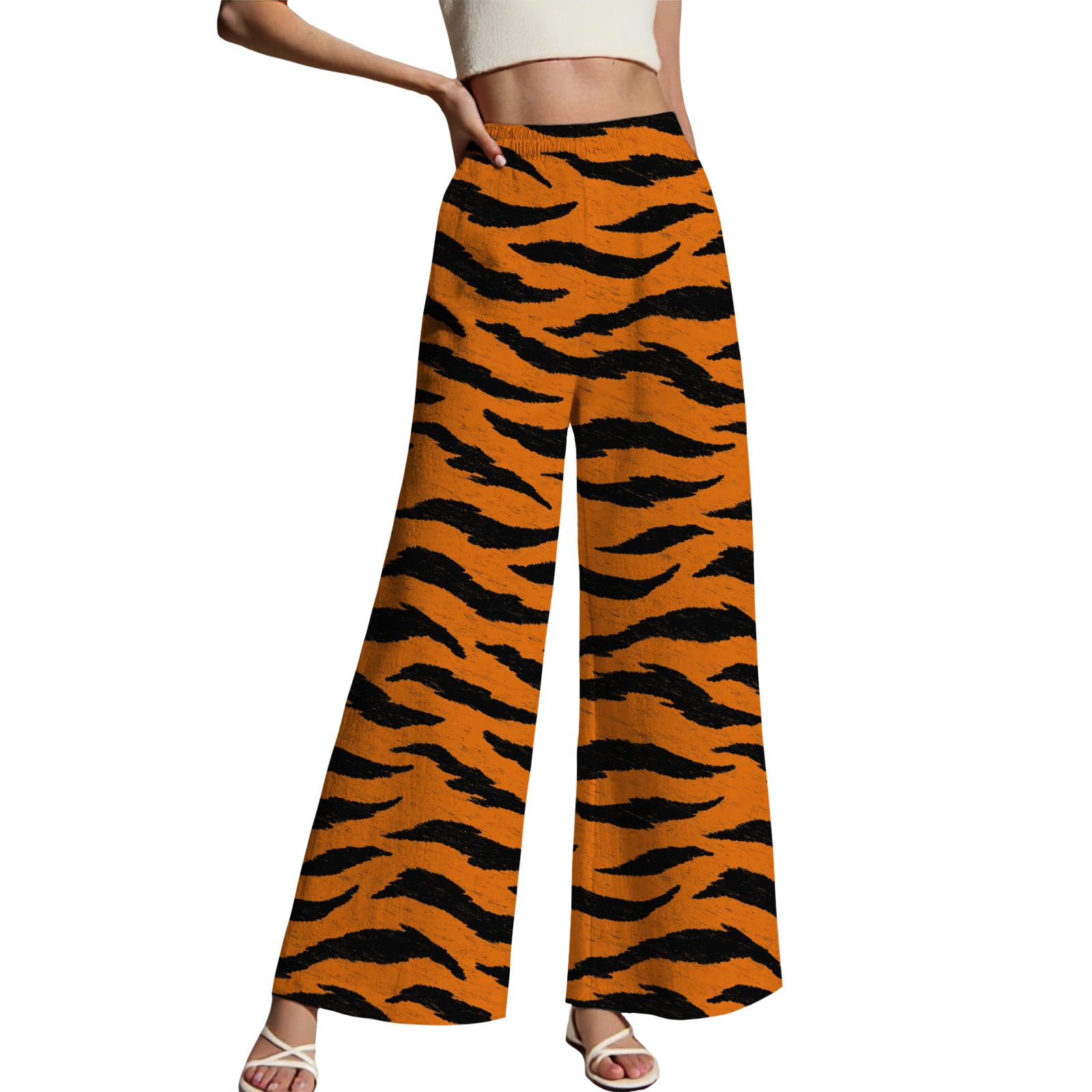 LIZALIG Womens Leopard Print Pants High Waist Wide Leg Trousers with Elastic Waistband Casual Loose Fit Pockets
