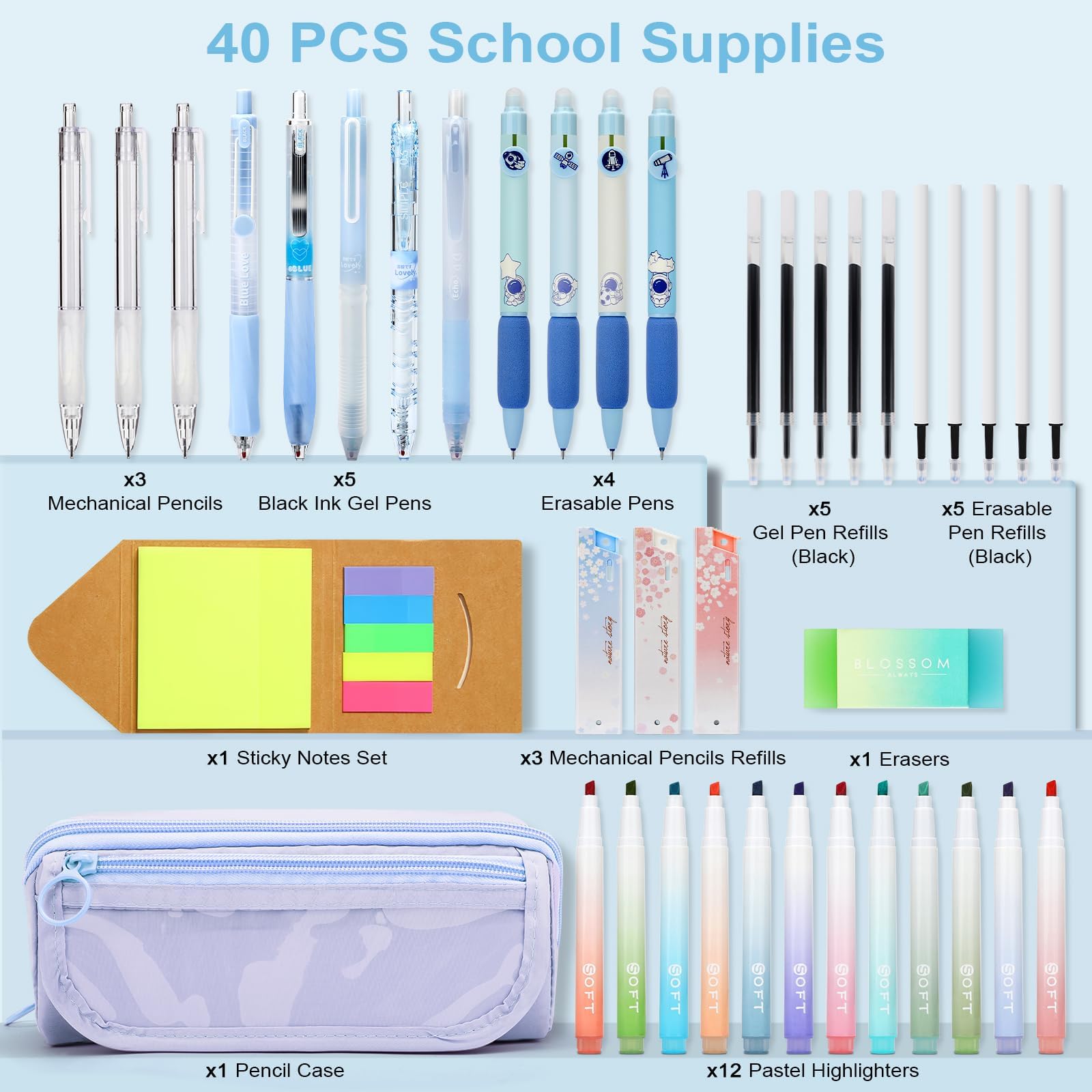 OPPZZIT Bolígrafos de Gel Borrable, Set de 63 Material Escolar Estético con 5 Bolígrafos de Gel, 12 Subrayadores Pastel, 6 Portaminas, 1 Estuche Azul, Papelería Bonita & Regalos Cumpleaños
