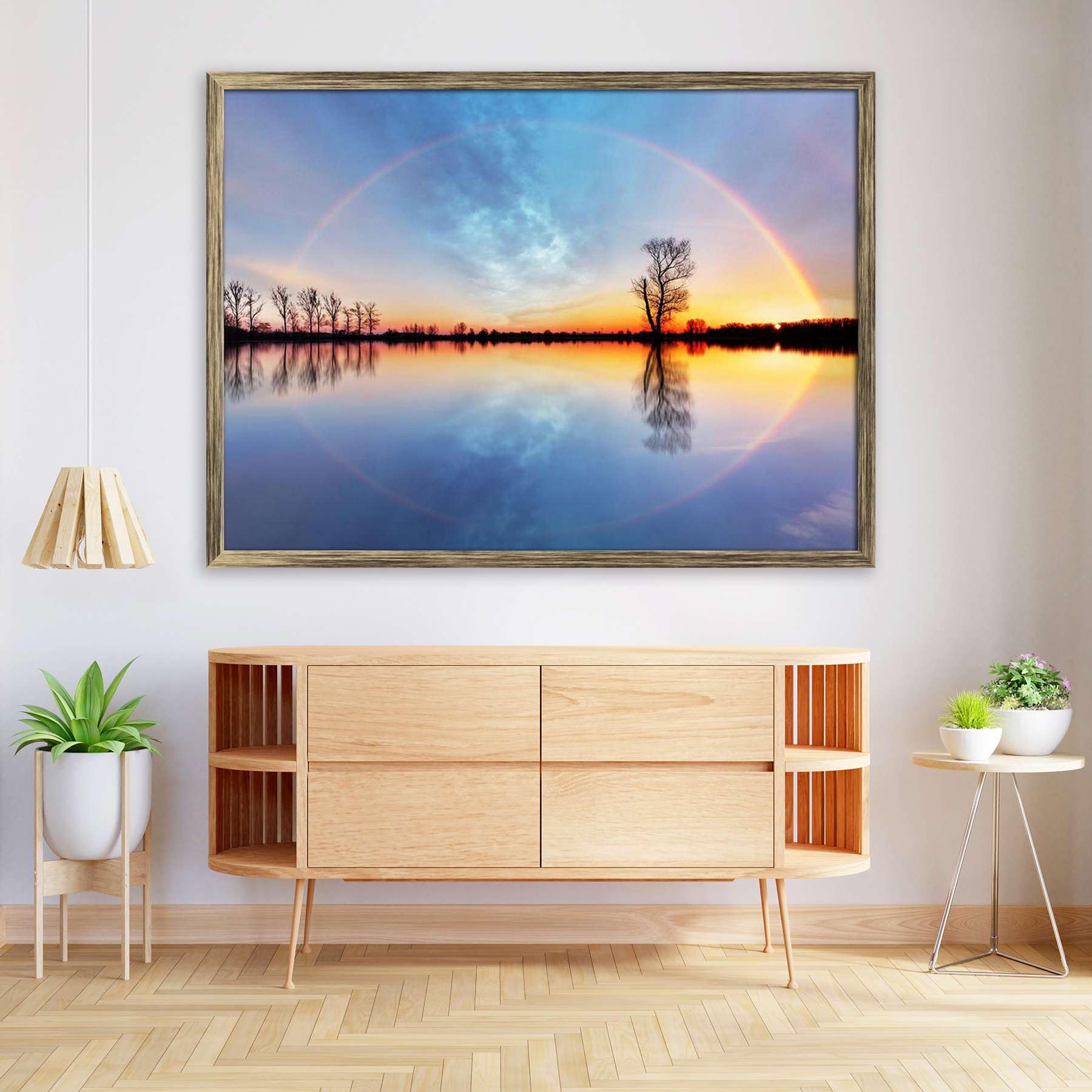 Pitaara Box Tree & Sun On Lake Sunrise | Canvas Painting for Bedroom & Living Room | Antique Golden Frame | 27.1 x 20 inch (69 x 51 cms)