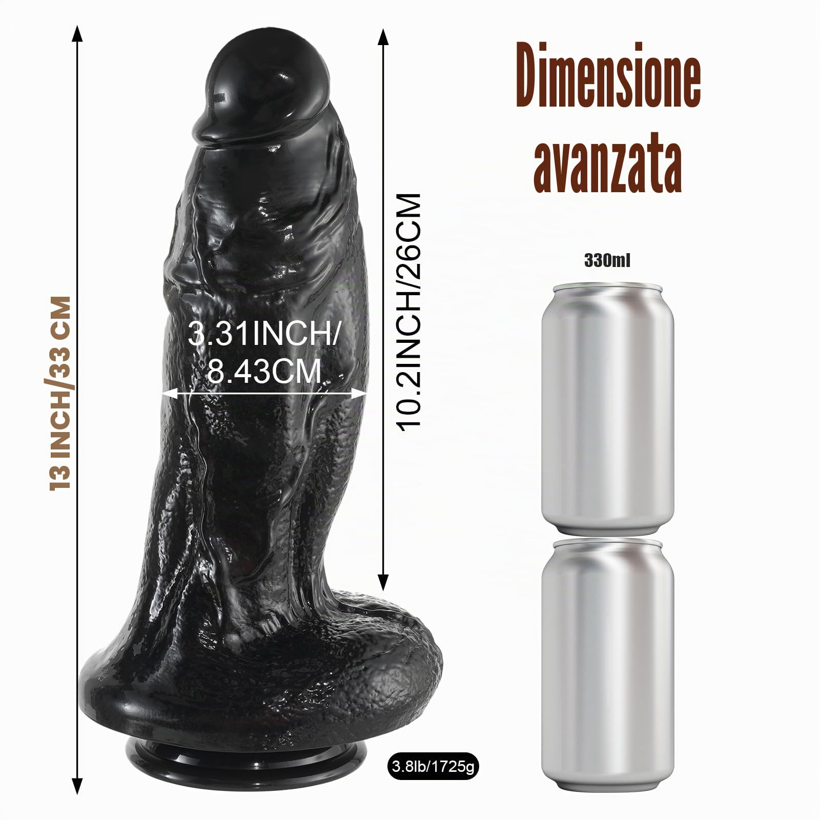 Dildo nero realistico da 33 cm, diametro 8 cm, enorme dildo spesso per stimolazione del punto G, con forte ventosa per funzionamento a mani libere, grande pene gigante