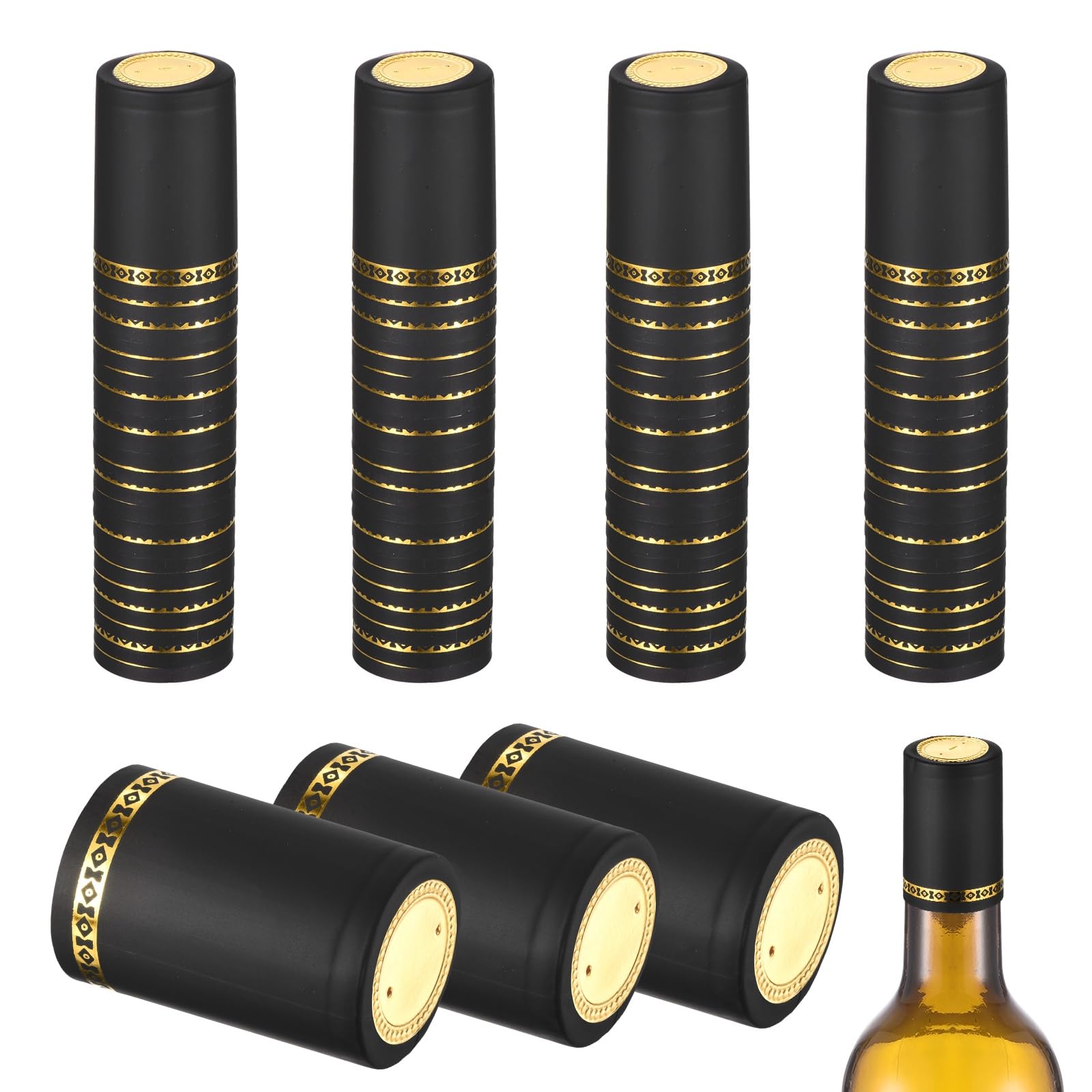 sourcing map 110Pcs PVC Heat Shrink Capsules, 32mm x 50mm Wine Bottle Capsules Shrink Wrap Sleeves Bottle Corks Caps for Wine Making Cellars and Home Kitchen, Gold/Black Gold Foil
