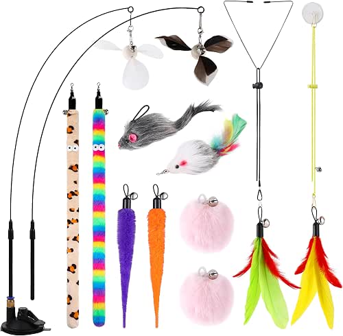 Soarer 4-in-1 Interactive Cat Wand Toy,12Pcs Durable Fishing Pole Cat
