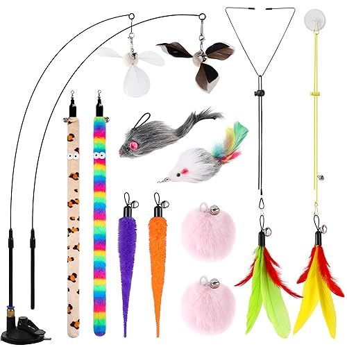 Soarer 4-in-1 Interactive Cat Feather Toys,12Pcs Durable Fishing Pole Cats Feathers Toy Replacements,Enhanced Suction Cup Cats Wand Toy,2 Types Door Hanging Cat String Toys for Indoor Kitten