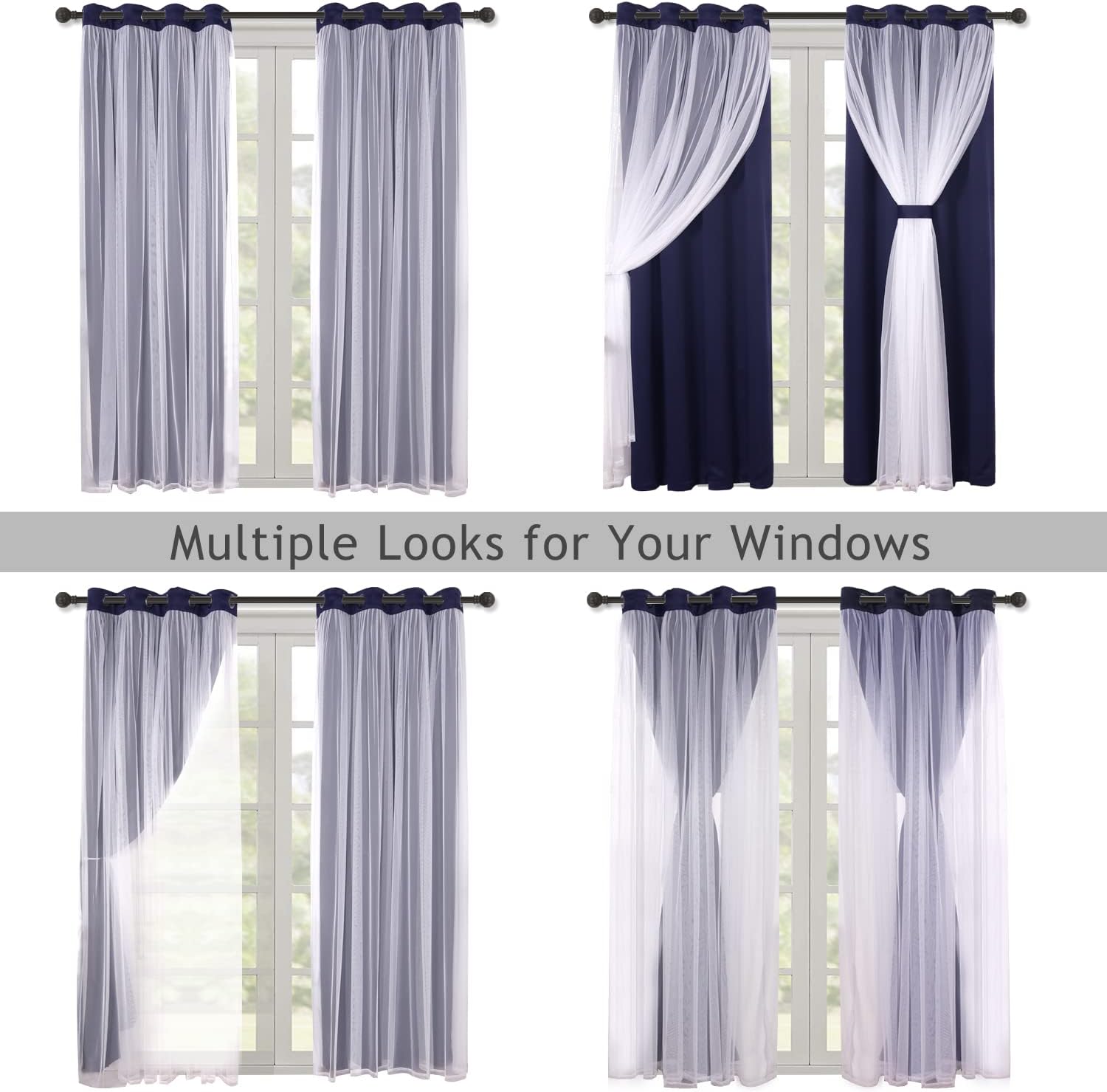 BONZER White Sheer Tulle Overlay Blackout Curtains Grommet Top Mix and Match Curtains for Bedroom, Navy, 52x63 Inch, Set of 2 Panels