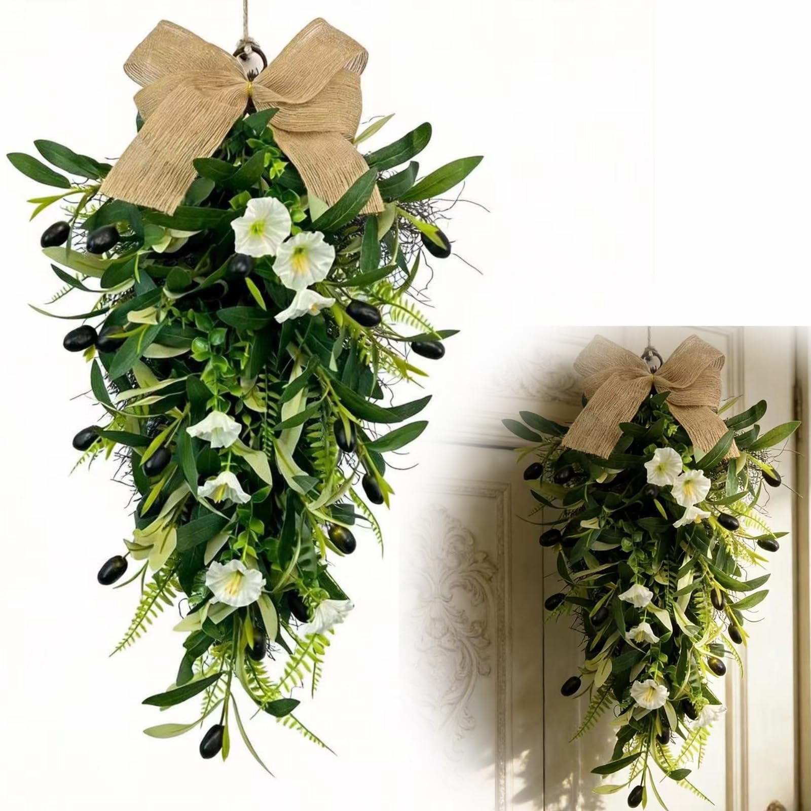 55cm Artificial Olive Swag Wreath with White Flowers & Burlap Bow, Faux Teardrop Hanging Garland for Front Door Wall Window Farmhouse Home Decor (25x55cm,Green)