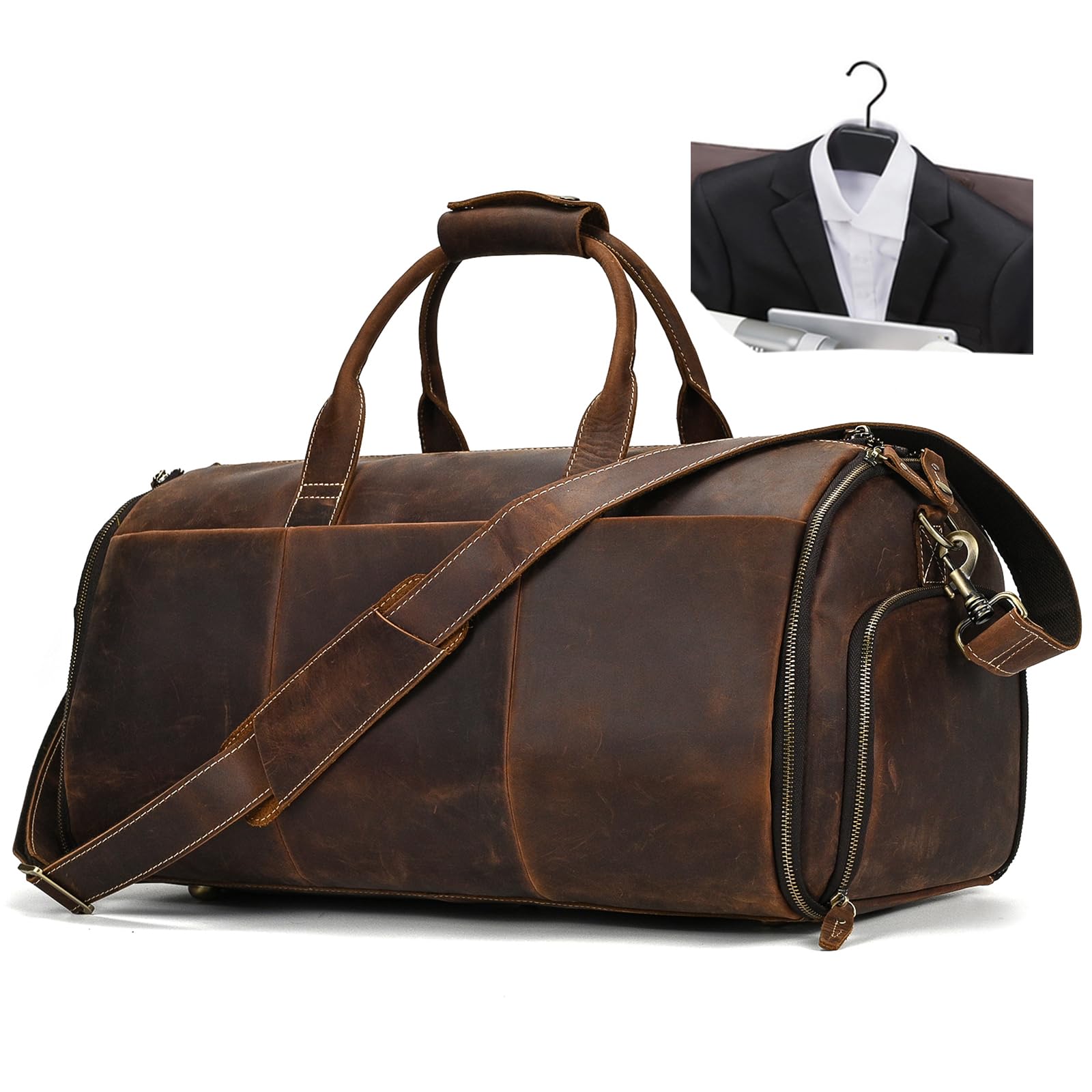 LUUFAN Borsa porta abiti in pelle di grande capacità, borsa da viaggio con scomparto per scarpe, da uomo e donna, convertibile, organizer da appendere per viaggi d'affari, marrone