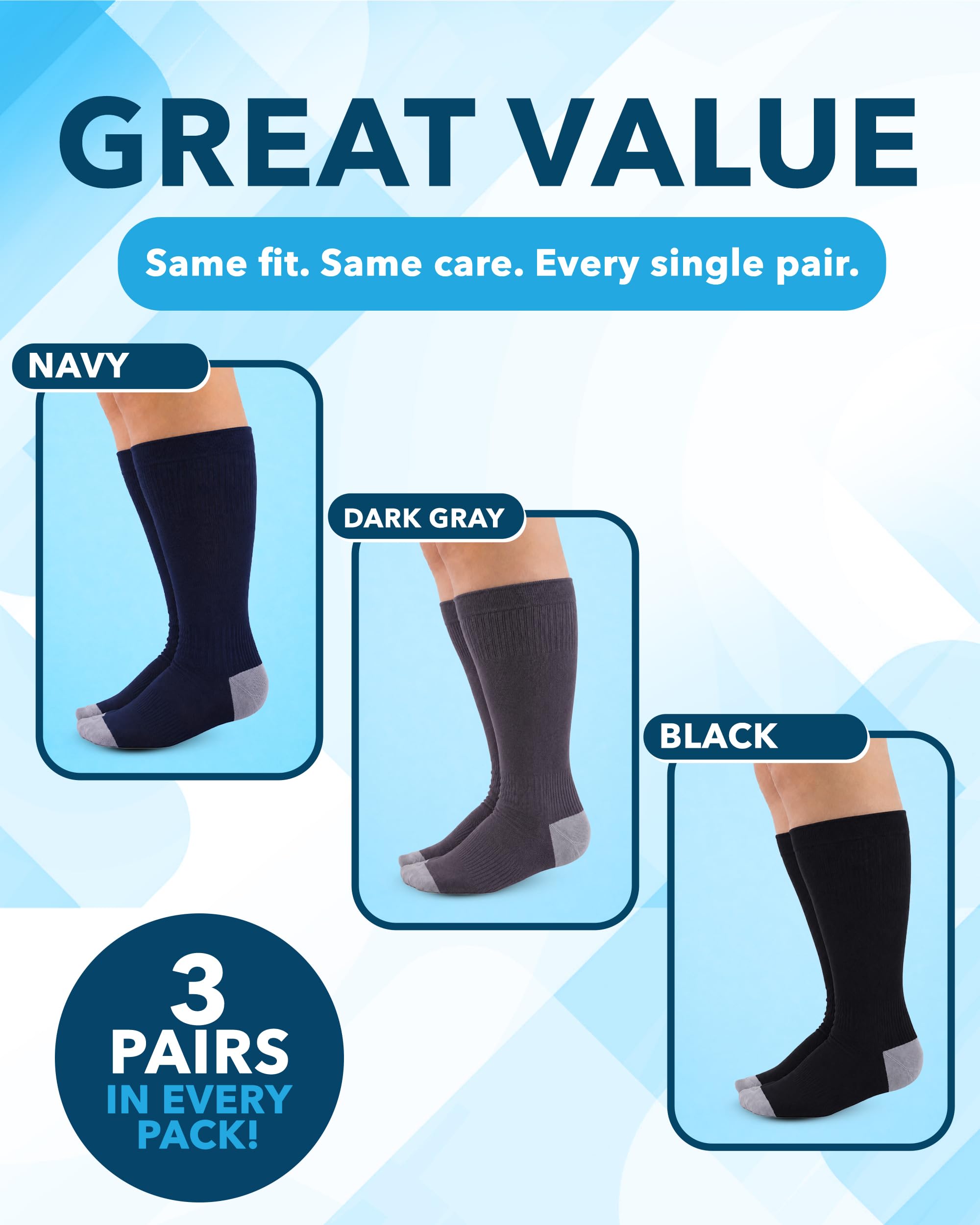 Doctor's Select 3 pares de calcetines de compresión de talla grande, pantorrilla ancha, viscosa de bambú, hasta la rodilla, soporte de circulación, Negro/Gris/Azul marino, XX-Large