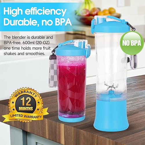 Miniatura 6 de Licuadora portátil, mini licuadora Porsonal para batidos y licuados recargable por USB, licuadora de jugo fresco de 20 onzas (azul)