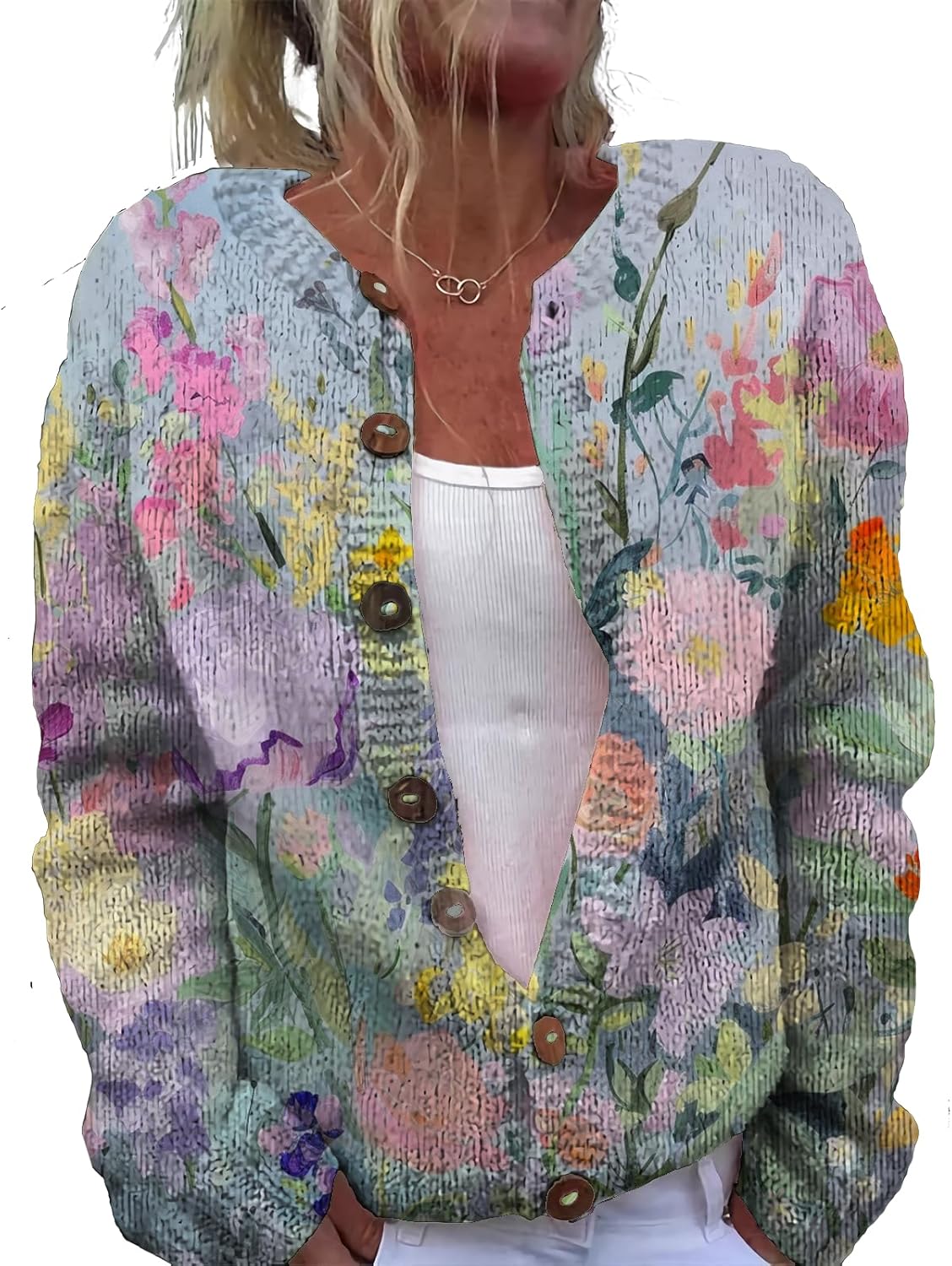 Floral Button Up Sweater Cardigan for Women Oversized Long Sleeve Casual Sweaters Plus Size Tops Outfits