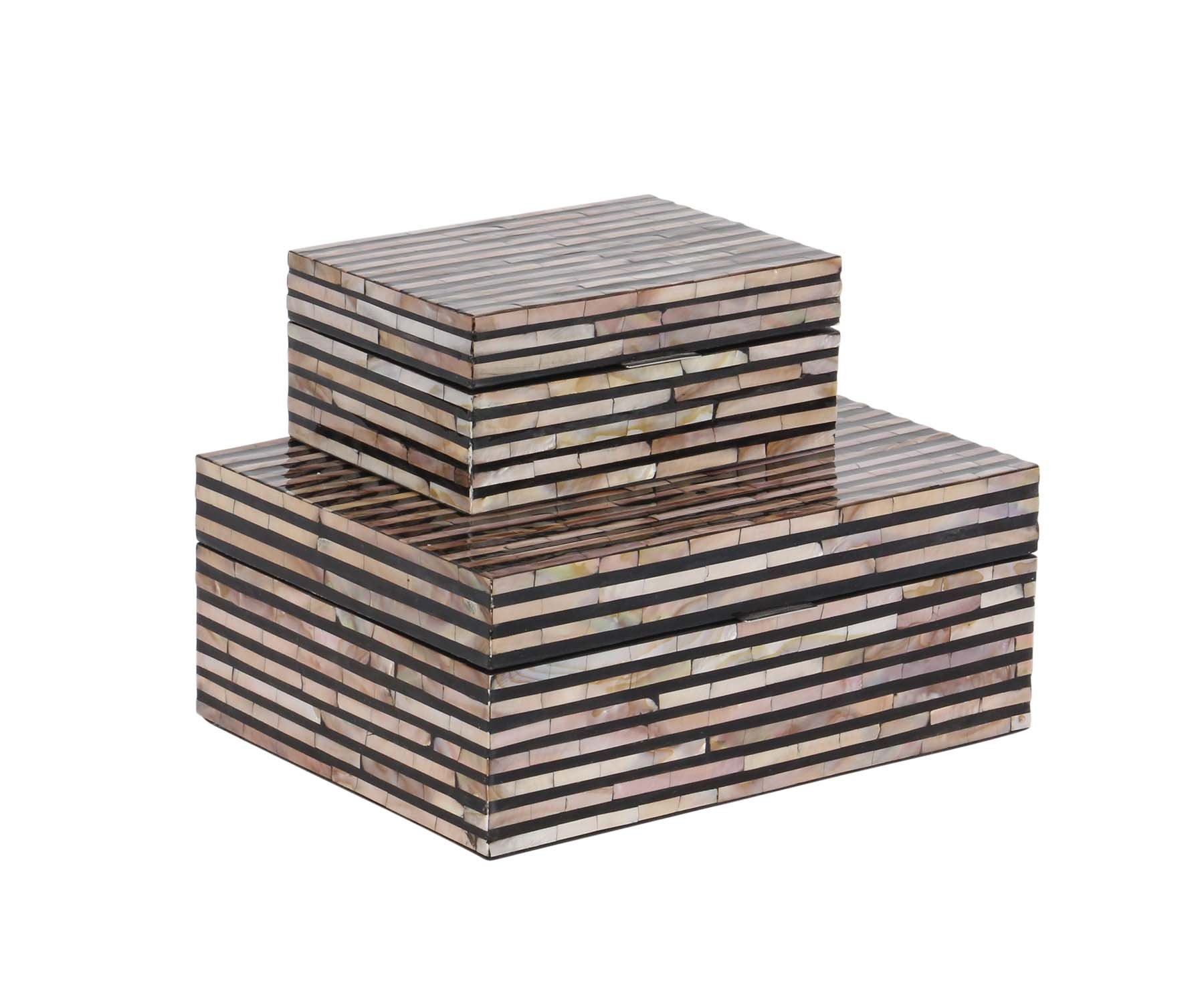 Deco 79 Mother of Pearl Shell Handmade Decorative Box Decorative Keepsake Boxes with Linear Mosaic Pattern and Hinged Lid, Set of 2 Storage Boxes 12", 8"W, Black