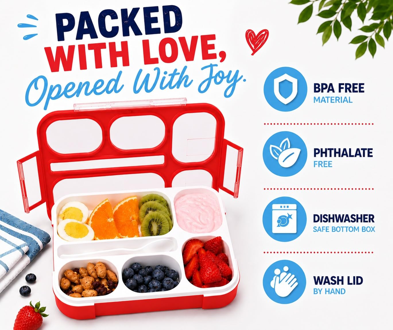 Bento Box pudełko na lunch dla dzieci | pojemniki na przekąski dla dzieci | 6-komorowy pojemnik dla dzieci i dziewcząt i dorosłych, w zestawie naczynia | Czerwony
