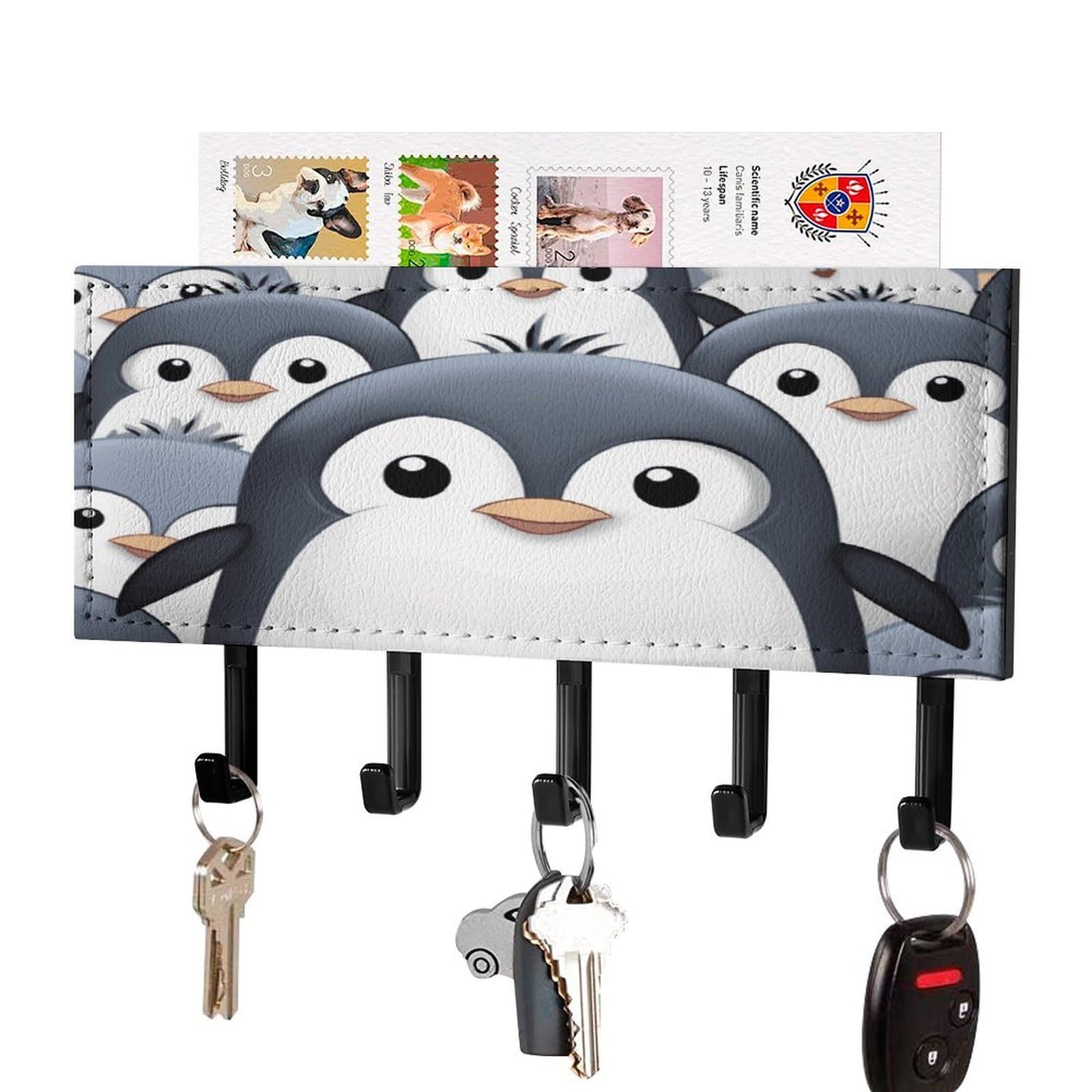 Fekiloot Black-Style Cute Penguin Key Holder Wall Mount Key Hanger With 5 Hooks Decorative Key Rack Hanging Key Hooks With Mail Organizer Key Holder For Wall Living Room Kitchen Bathroom Hallway Black