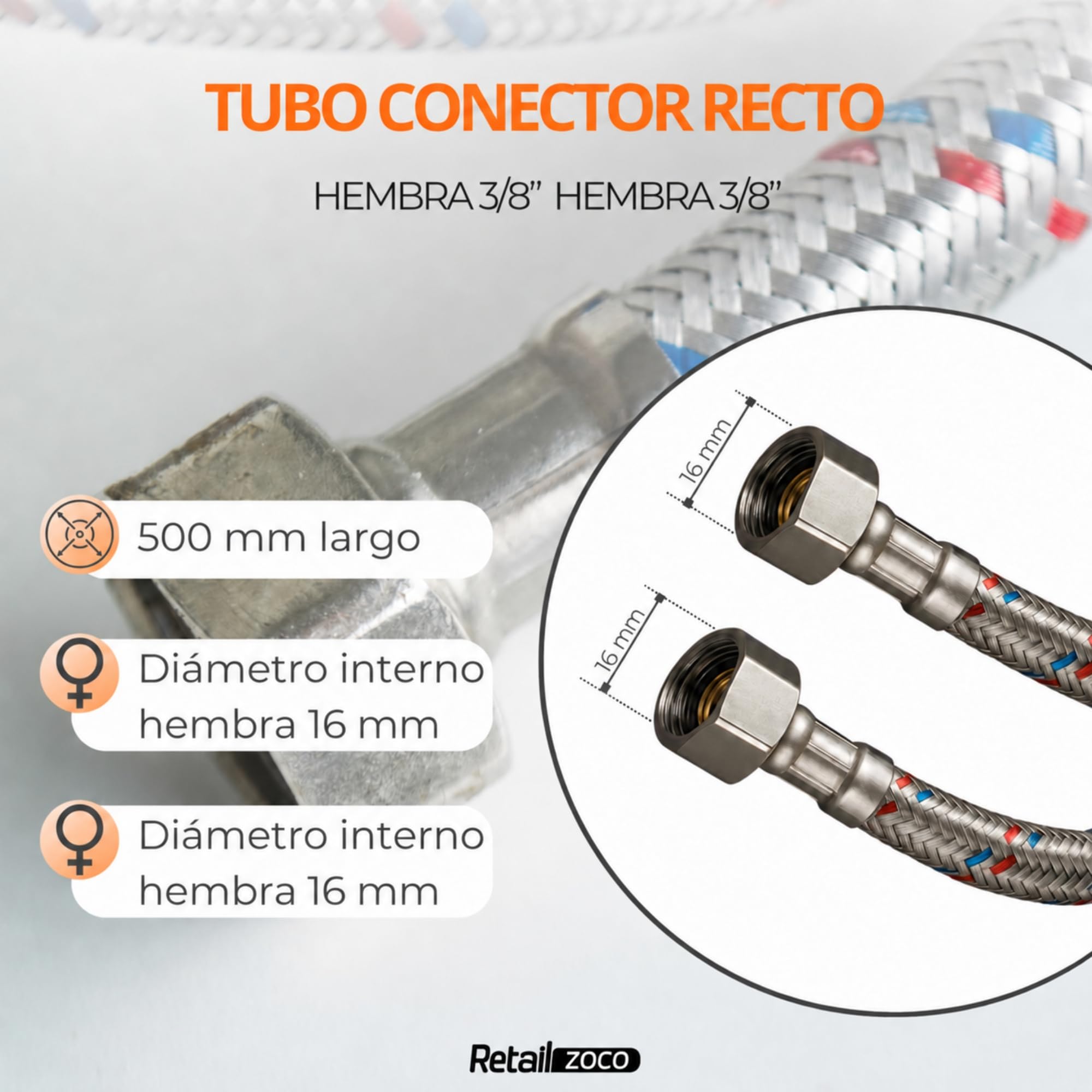 Latiguillo de Fontanería Hembra 3/8” x Hembra 3/8”, Longitud 50 cm - imagen 6