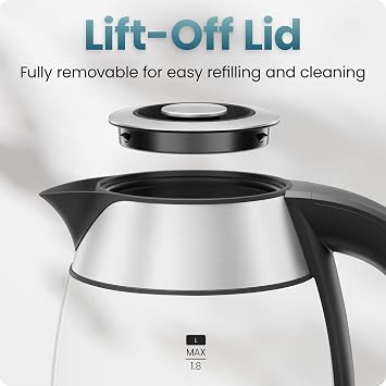 Chefman Electric Kettle 1500W, 1.8L Hot Water Boiler, Removable Lid for Easy Cleaning, LED Indicators, Auto Shutoff & Boil-Dry Protection, Borosilicate Glass Electric Tea Kettle Stainless Steel