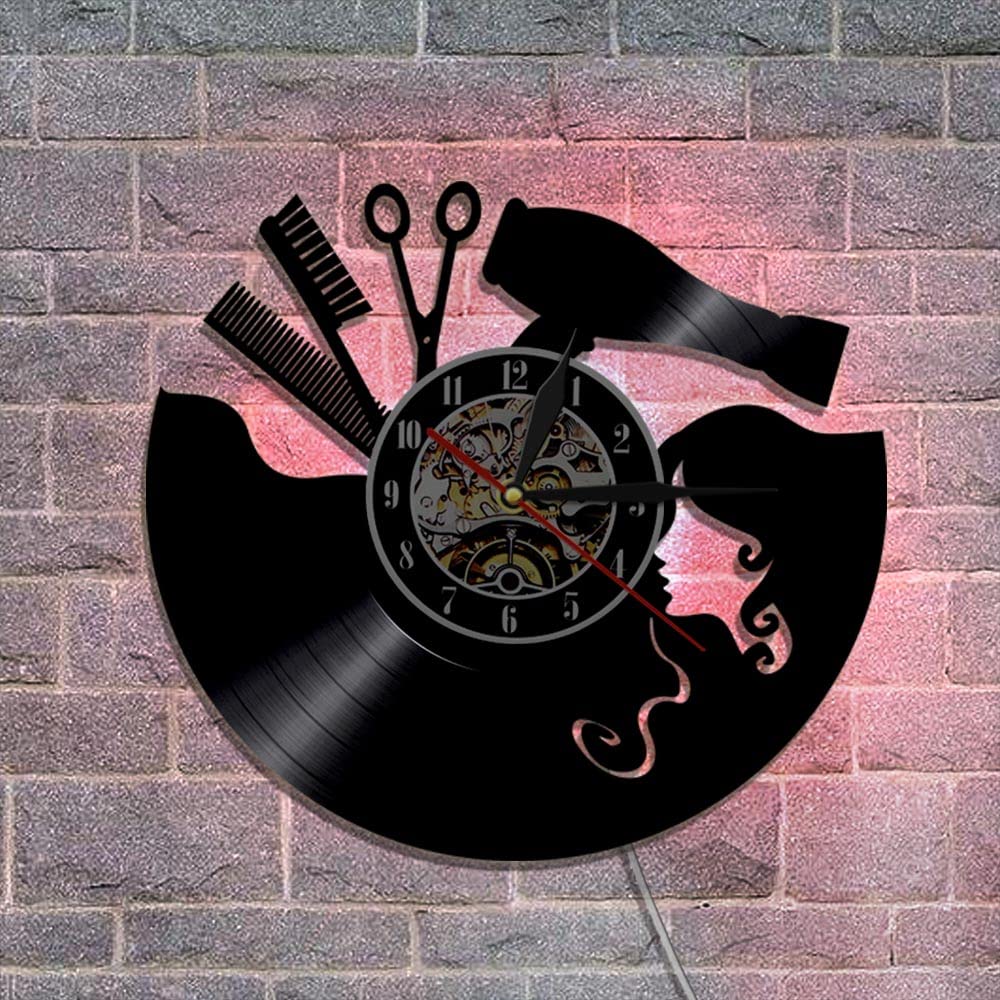Reloj de pared de vinilo con tema de peluquería con luz nocturna LED, función de reloj de pared, regalo para peluquería