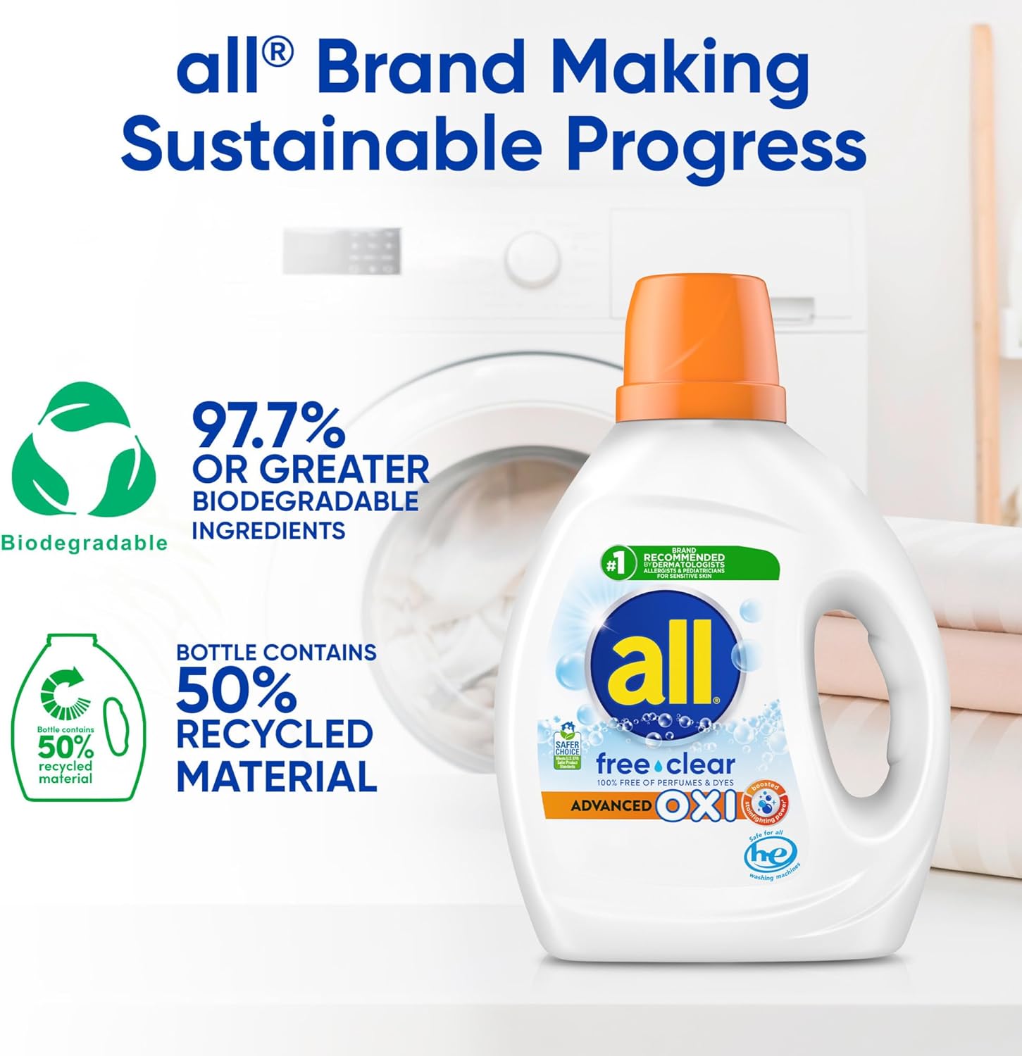 all Liquid Laundry Detergent, Free Clear, OXI, 73 Ounce, 49 Loads