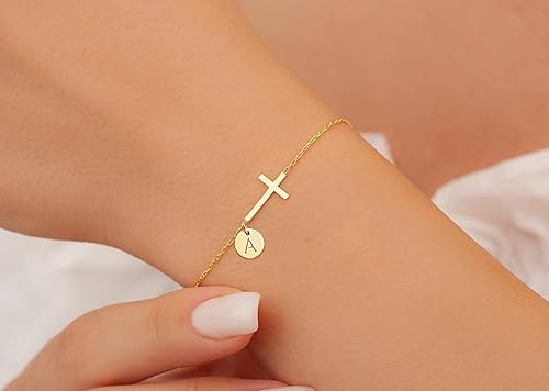 Miniatura 2 de Pulsera de cruz para mujer, delicada pulsera de cruz con iniciales, pulseras de cadena de eslabones dorados, regalos cristianos para mujeres,