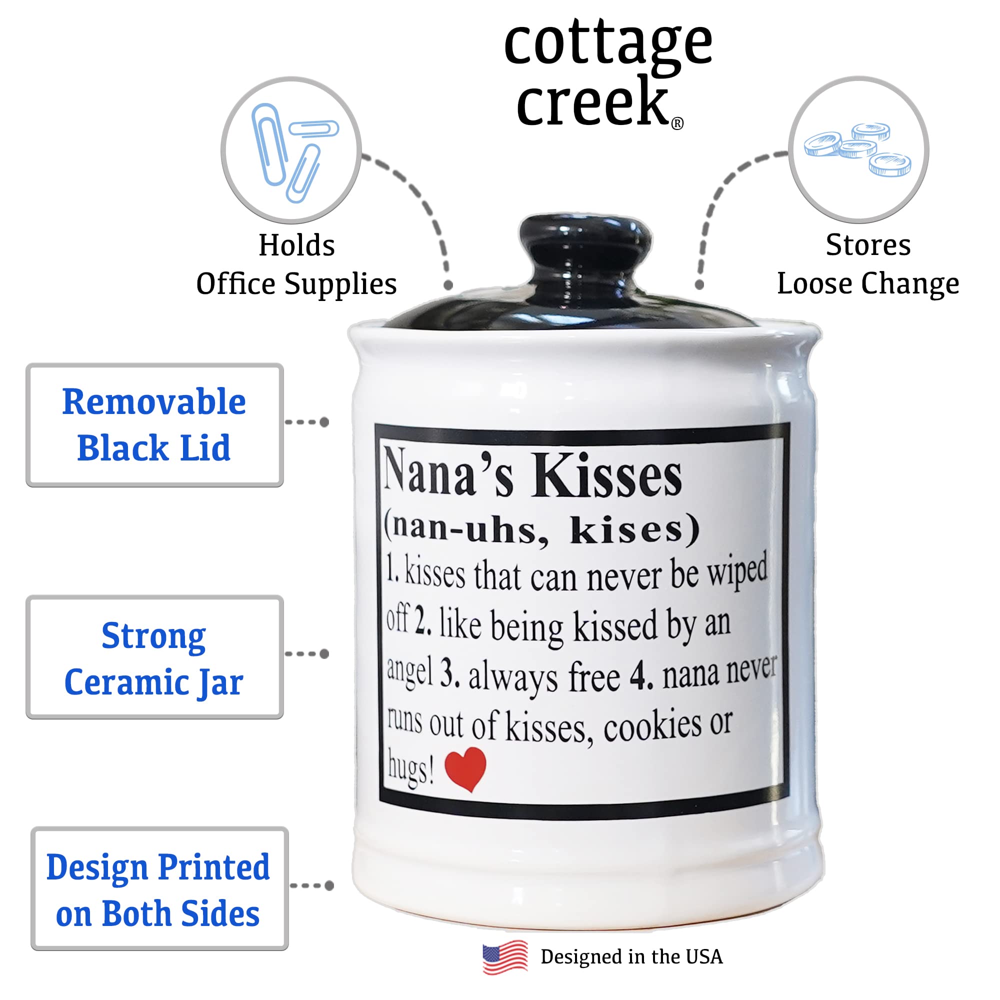 Cottage Creek Nana's Kisses Adult Piggy Bank, Gift Boxed Ceramic Black and White Kitchen Candy Jar, Storage Containers, Ideal Gifts for Women, Nana, Grandma, New Grandparents
