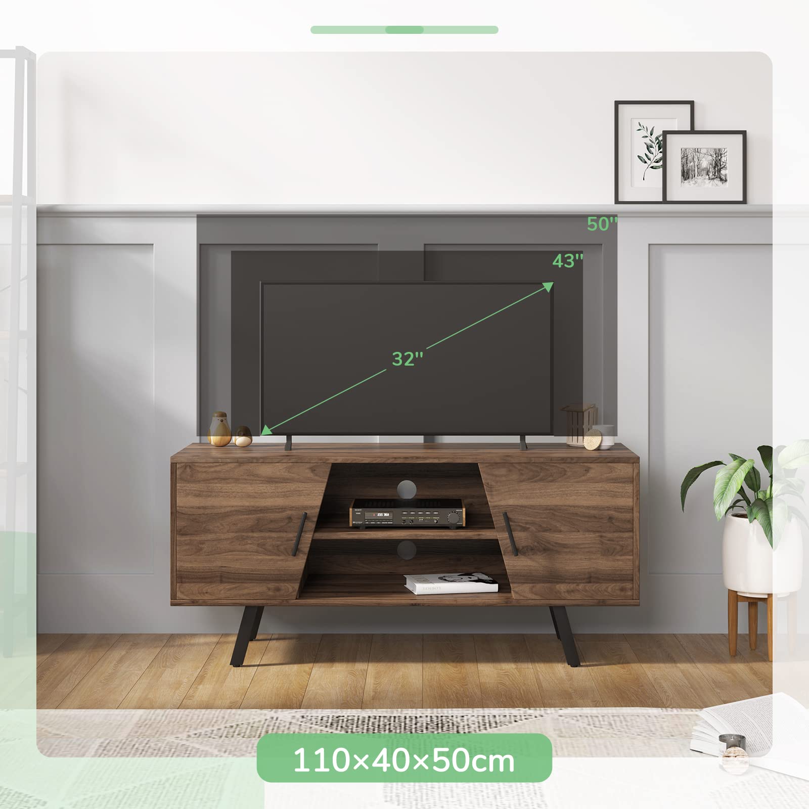 Novilla Mobile TV Mobiletto Basso per TV Fino 50", Montaggio facile, Ispirazione del design dalla torre, con 2 Armadietti, 6 Fori Passacavi e 2 Ripiani con Altezza regolabili, Noce