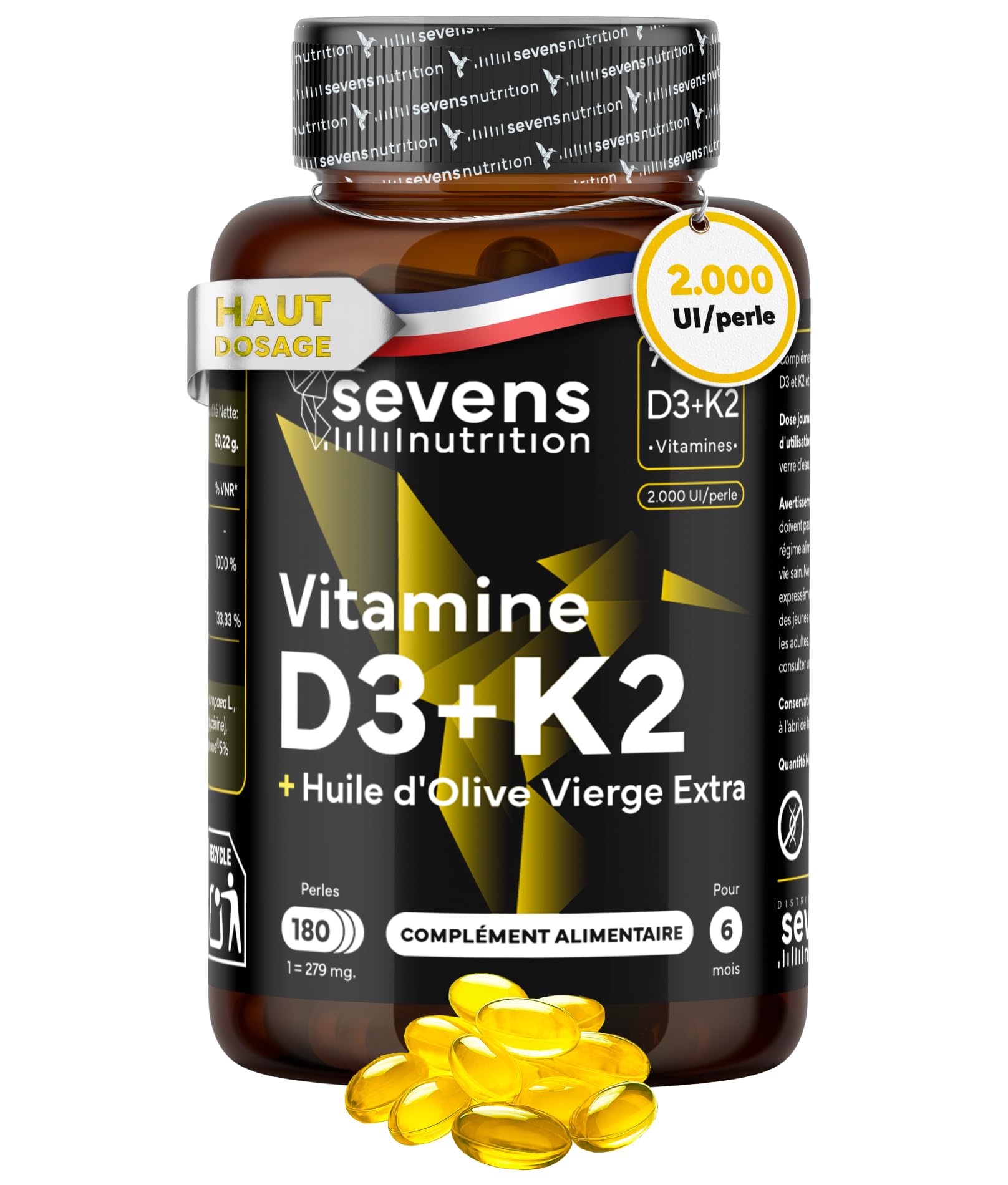 Vitamine D3 K2 MK7 - Vitamin D3 2000UI - Vitamine K2 MK7 100 µg - Avec de l'Huile d’Olive Vierge - 180 Softgels Sans Gluten - Hautement Dosé, Haute Biodisponibilité - Os, Muscles, Système Immunitaire