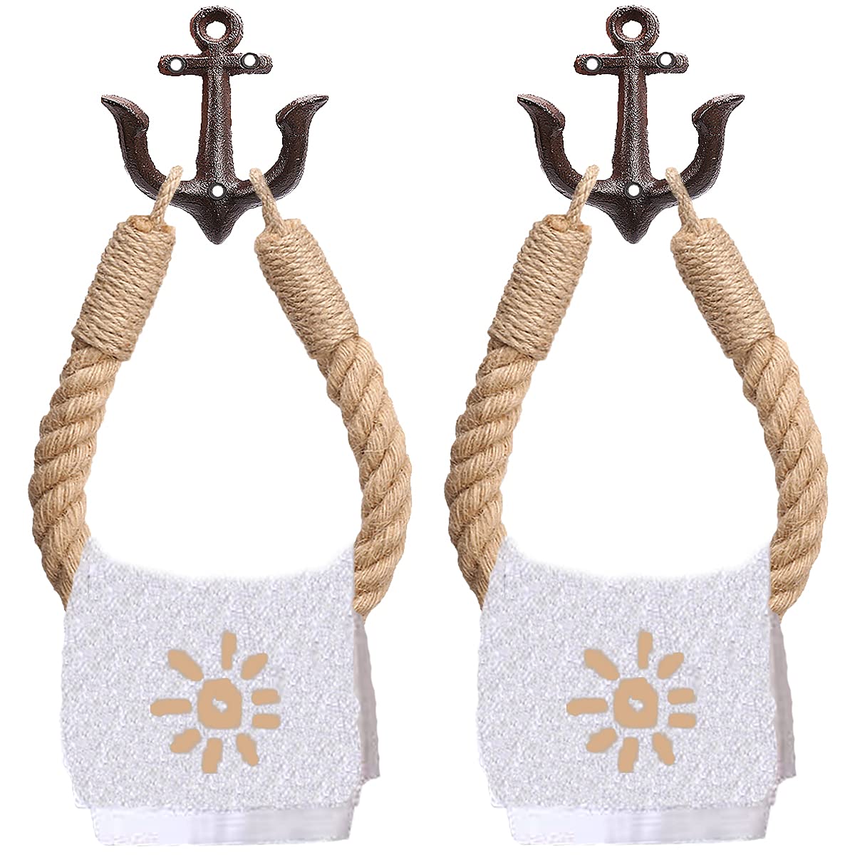 Amerla 2 Pcs Nautical Rope Toilet Paper Holder Wall-Mounted Towel Ring Nautical Toilet Paper Holder with Metal Hooks Coastal Towel Rack Natural