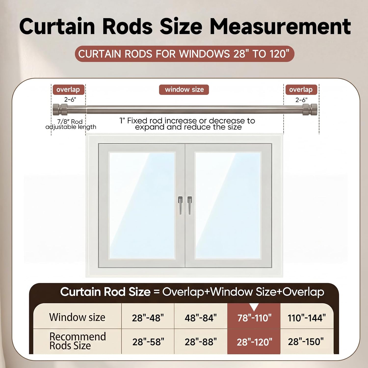 Brushed Nickel Curtain Rods with Solid Metal Finials 66 to 120 Inches Adjustable Heavy Duty 1 Inch Silver Curtain Rod for Windows, Modern Decorative Style for Bedroom Kitchen Living Room