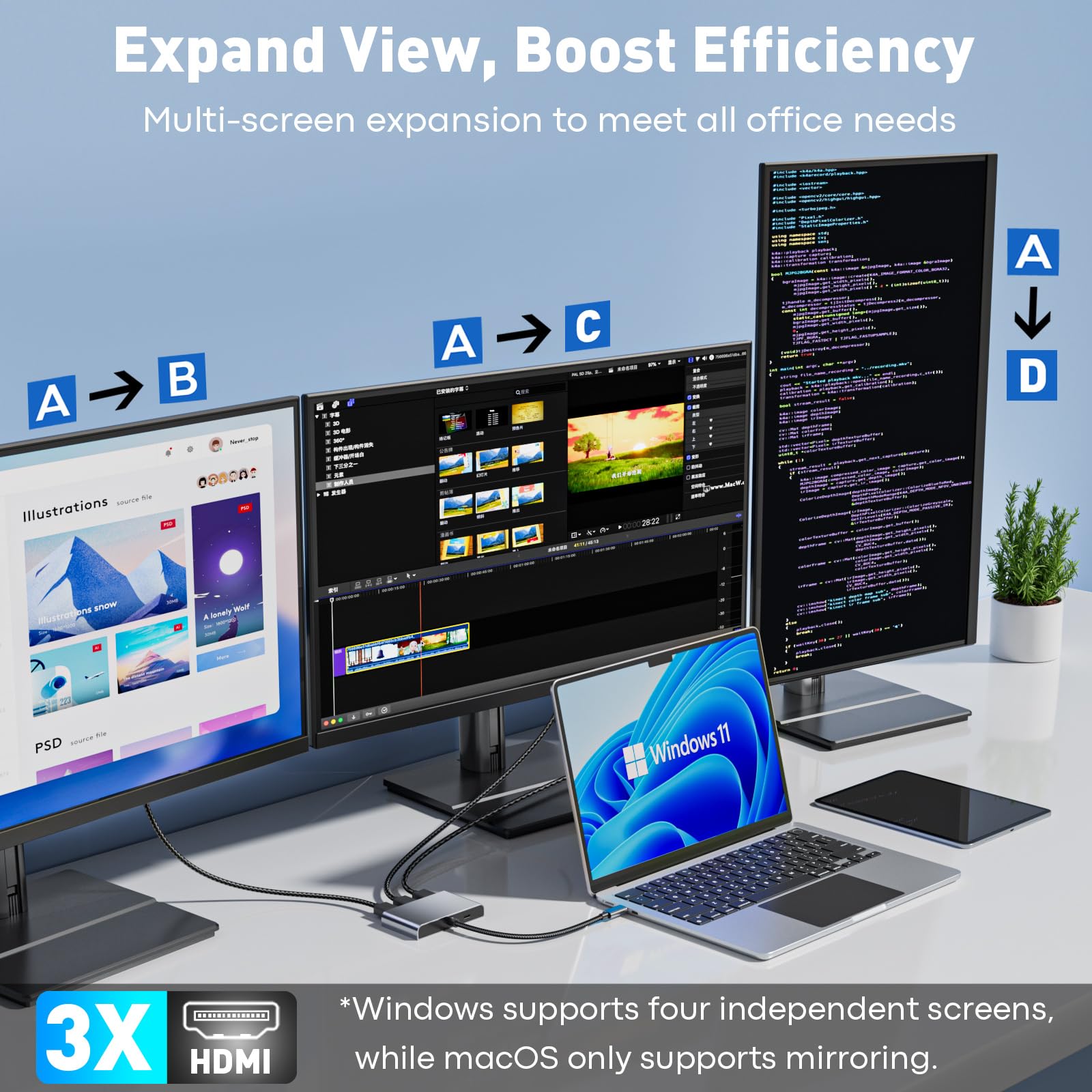 UANTIN Adattatore da USB C a 3 HDMI con PD 100W, 4K@60Hz HDMI Splitter Display esteso per multi-monitor, adattatore per 3 monitor, Windows consente la visualizzazione di 4 schermi separati, macOS solo