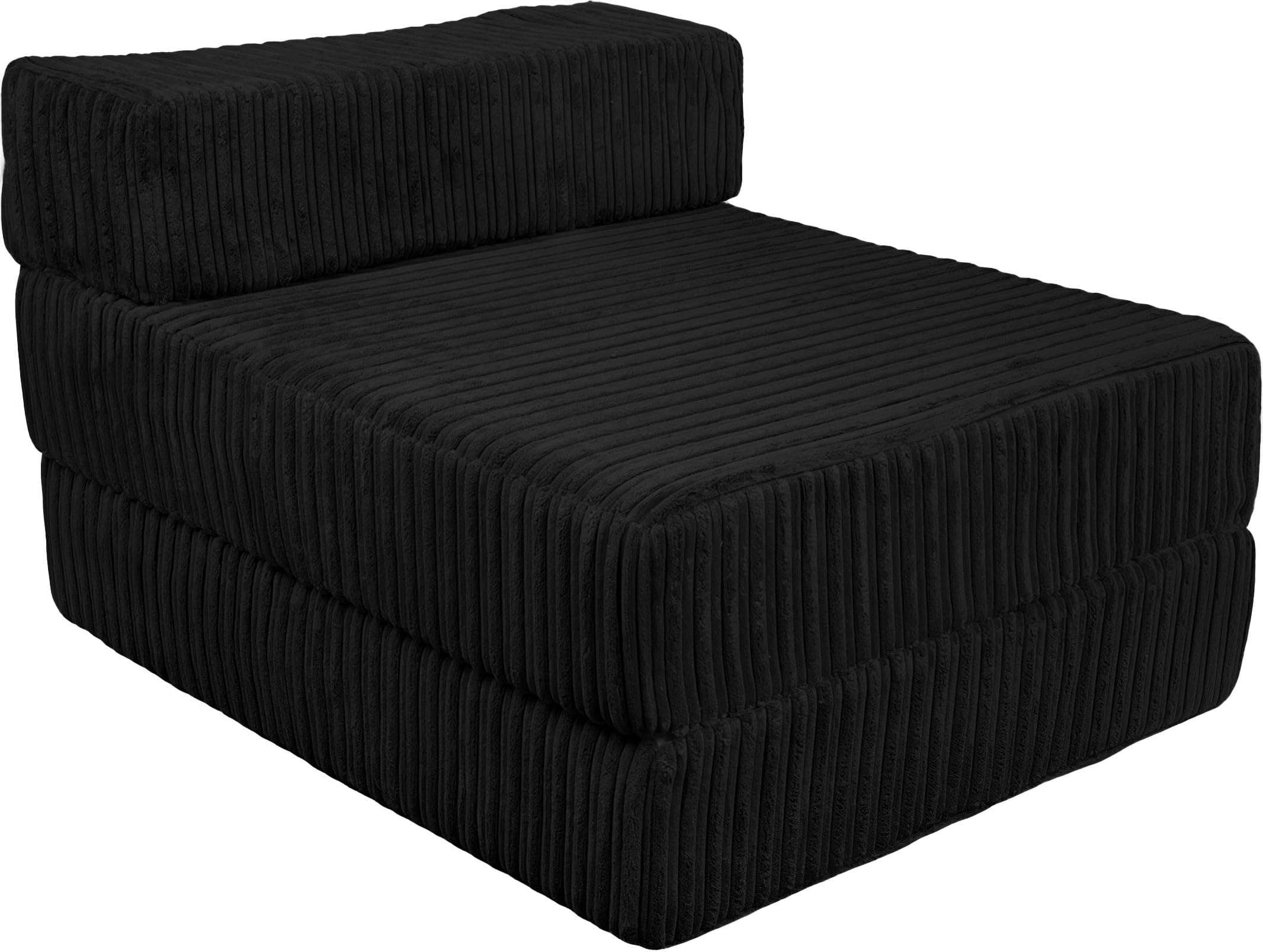 KISAA Living Jumbo Corduroy Sofa Bed | Fold Out Futon with Premium Mattress | Comfortable Single Chair Bed for Guests & Kids | Fire Retardant | Compact & Foldable (Black)