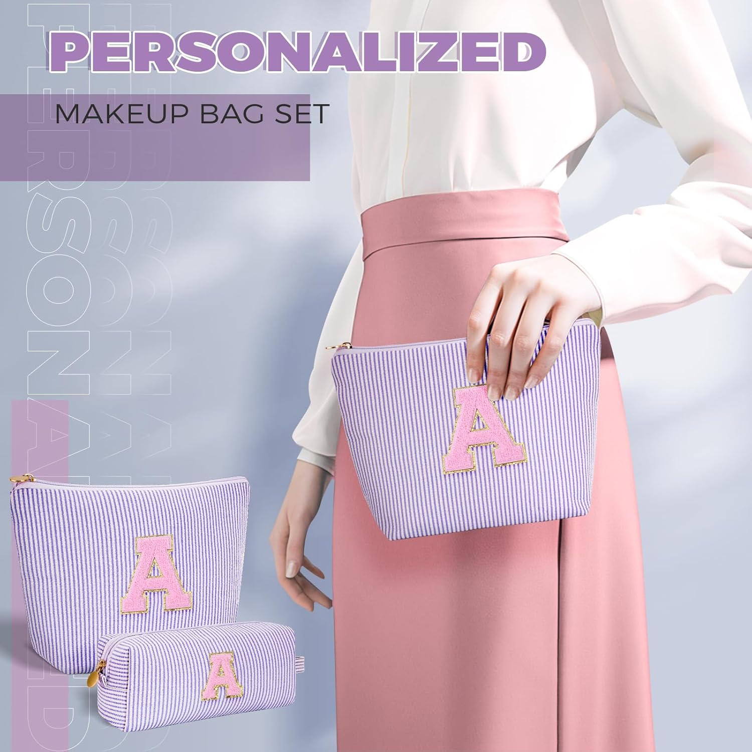 Makeup Bag Set Initials Cosmetic Bag,Birthday Graduation Gifts for 10 11 12 13 14 15 16 17 18 Years Old Girl Girlfriend Teen Girls Gift Trendy Stuff Toiletry Bag Travel - Lavender,A - Image 3