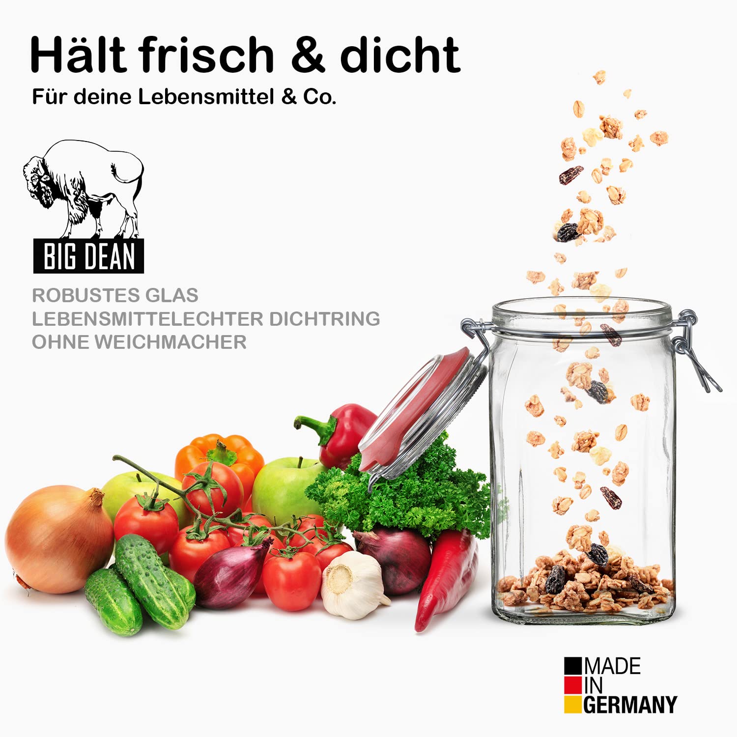 BigDean 12er Set Vorratsgläser 1,1L - Einmachgläser mit Deckel & Bügelverschluss - Made in Germany - Drahtbügelgläser zum luftdichten Aufbewahren, Einlegen & Einkochen - Glas, eckig