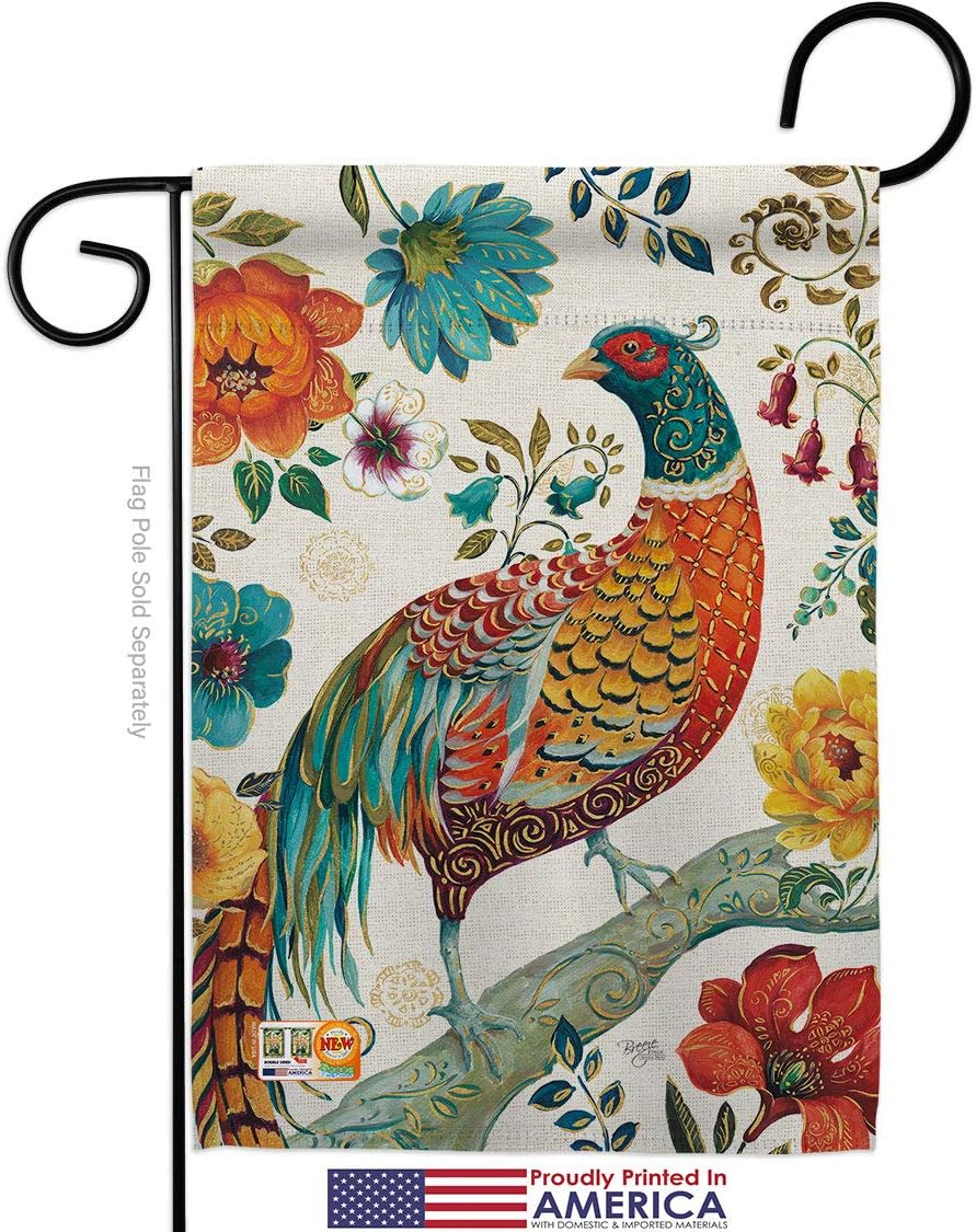 Suzani Peacock Garden Flag Set Wall Holder Animals Bird Flamingo Hummingbird Cardinal Springtime Natural Wildlife Small Decorative Gift Yard House Banner Made In USA 13 X 18.5