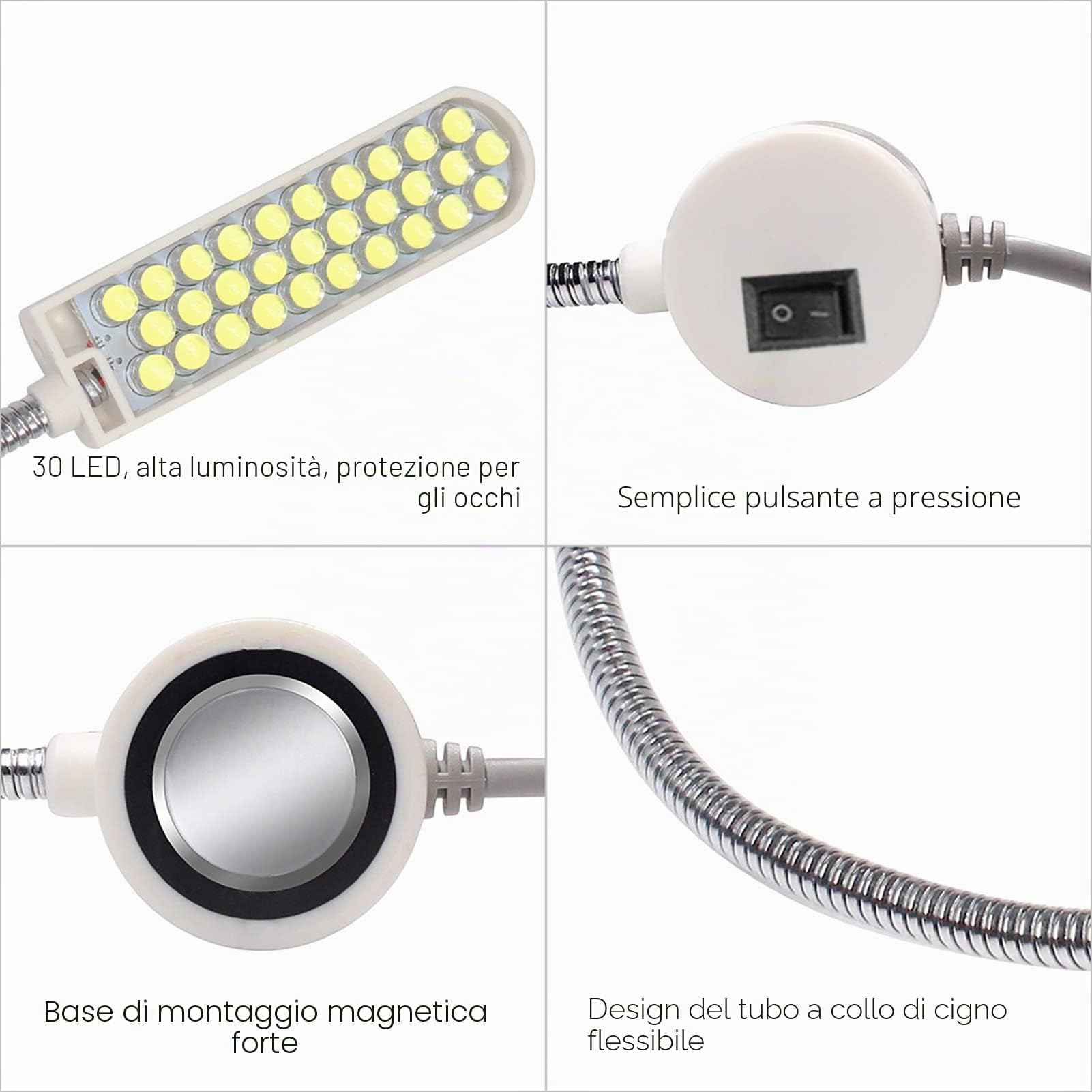 4 pezzi 2 W 30 LED macchina da cucire lampada a base fissa magnetica flessibile tubo flessibile collo d'oca design per attività domestiche [classe di efficienza energetica A]